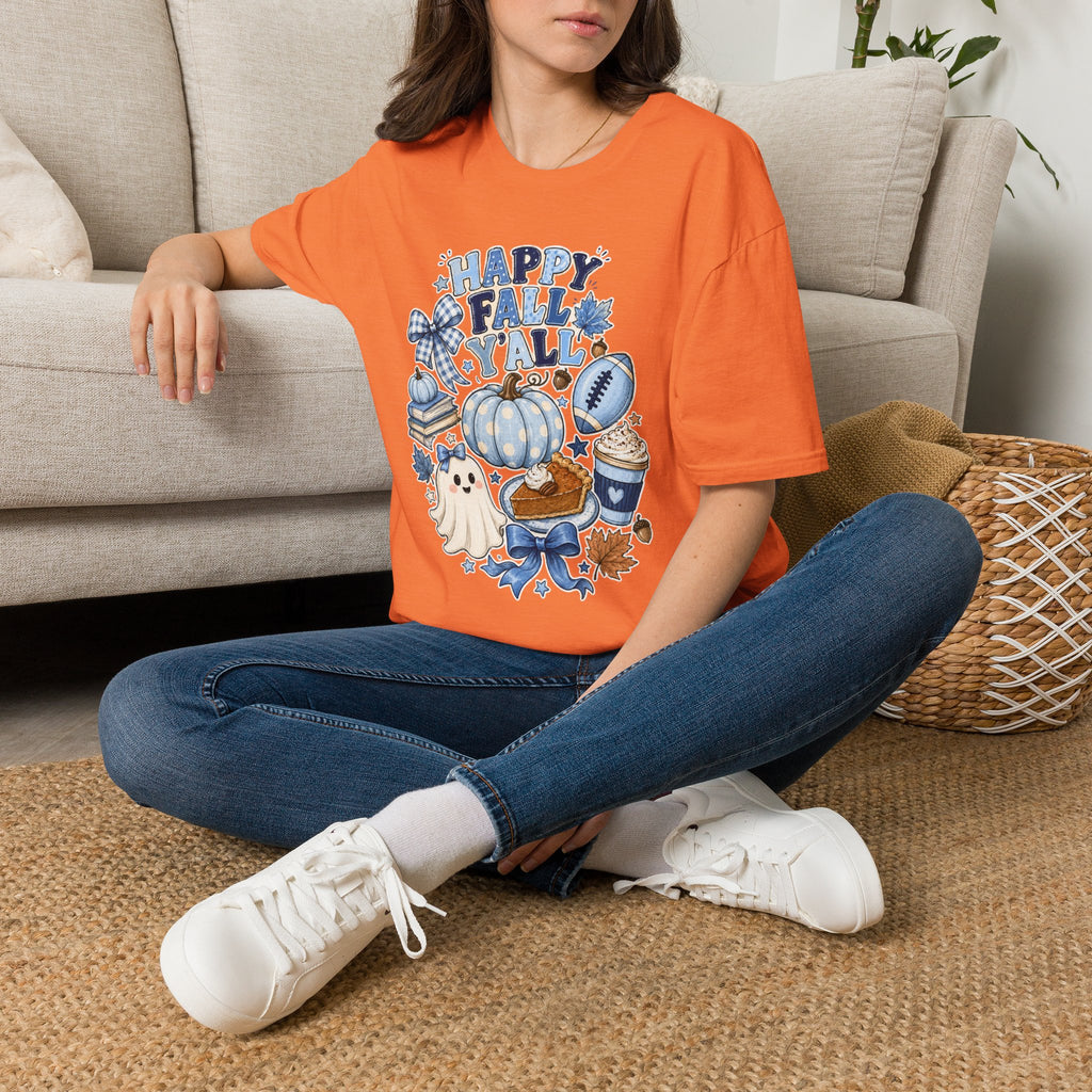 Happy Fall Y'all T-Shirt — Blue Pumpkin & Football Autumn Tee
