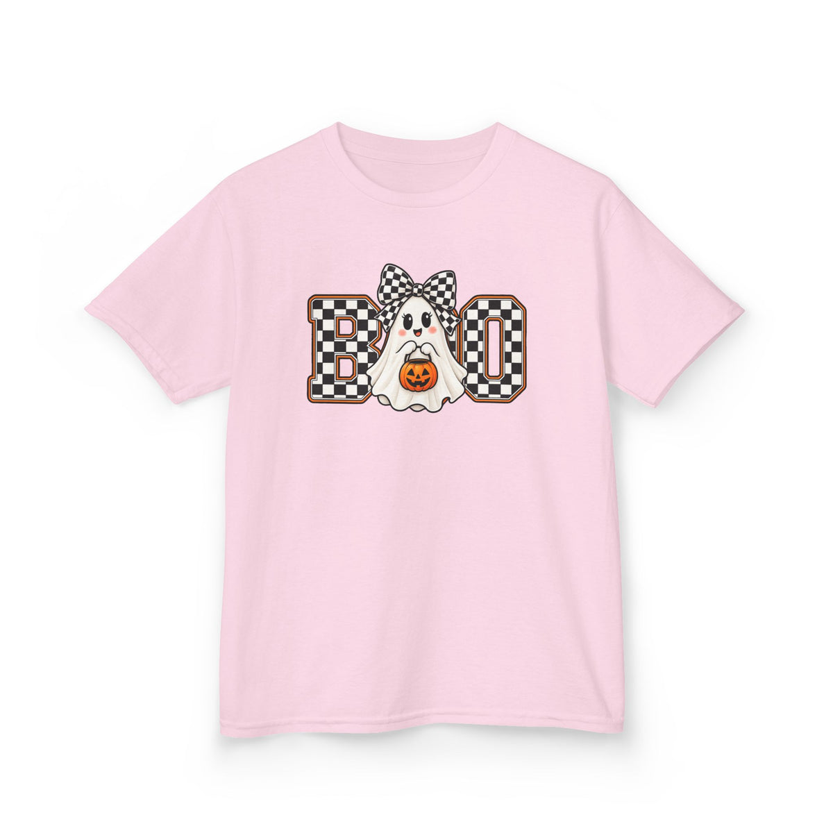 Kids Halloween 'Boo' Ghost Tee — Checker Bow Ghost Holding Pumpkin