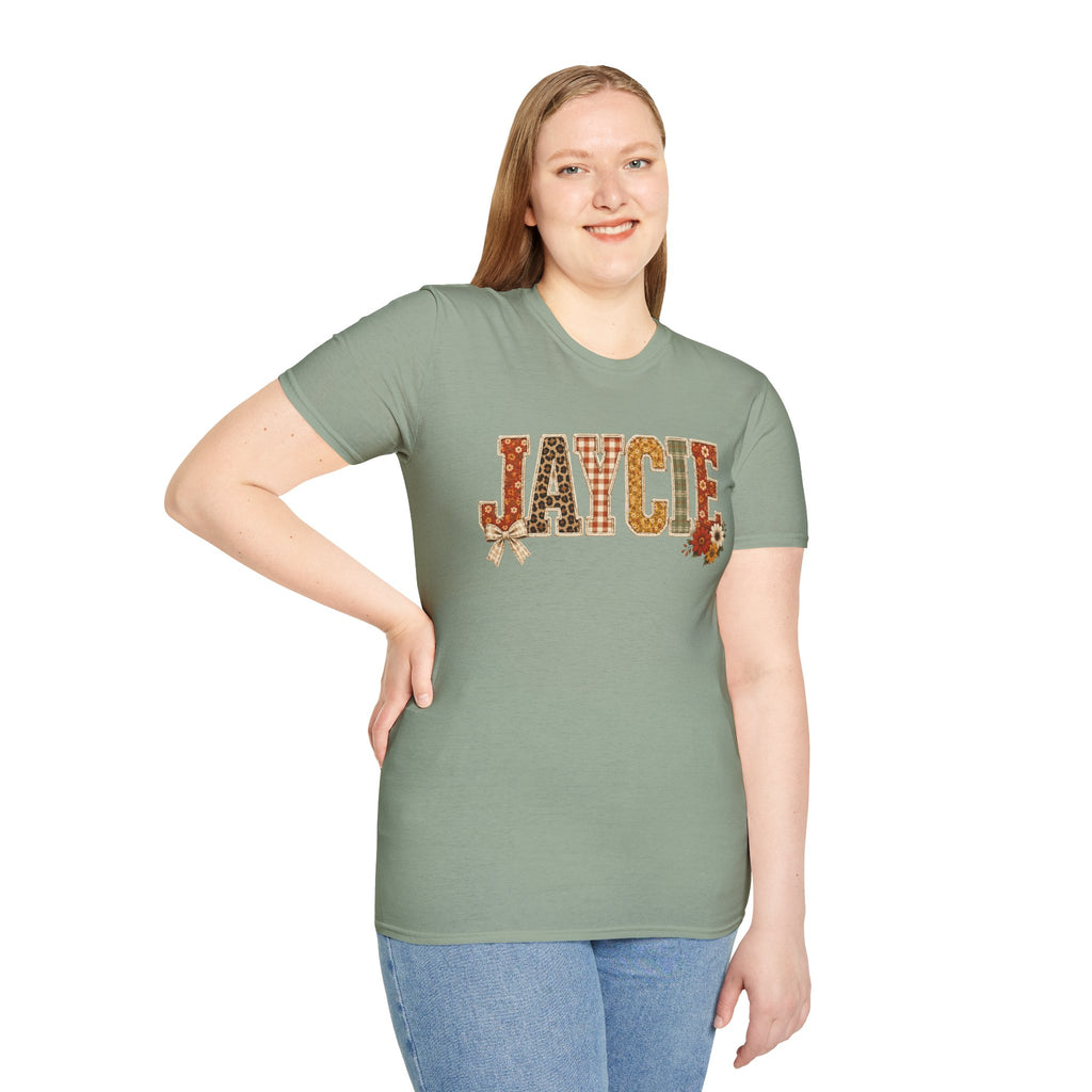 Personalized 'JAYCIE' Floral Plaid Name T-Shirt — Fall Patchwork Monogram Tee