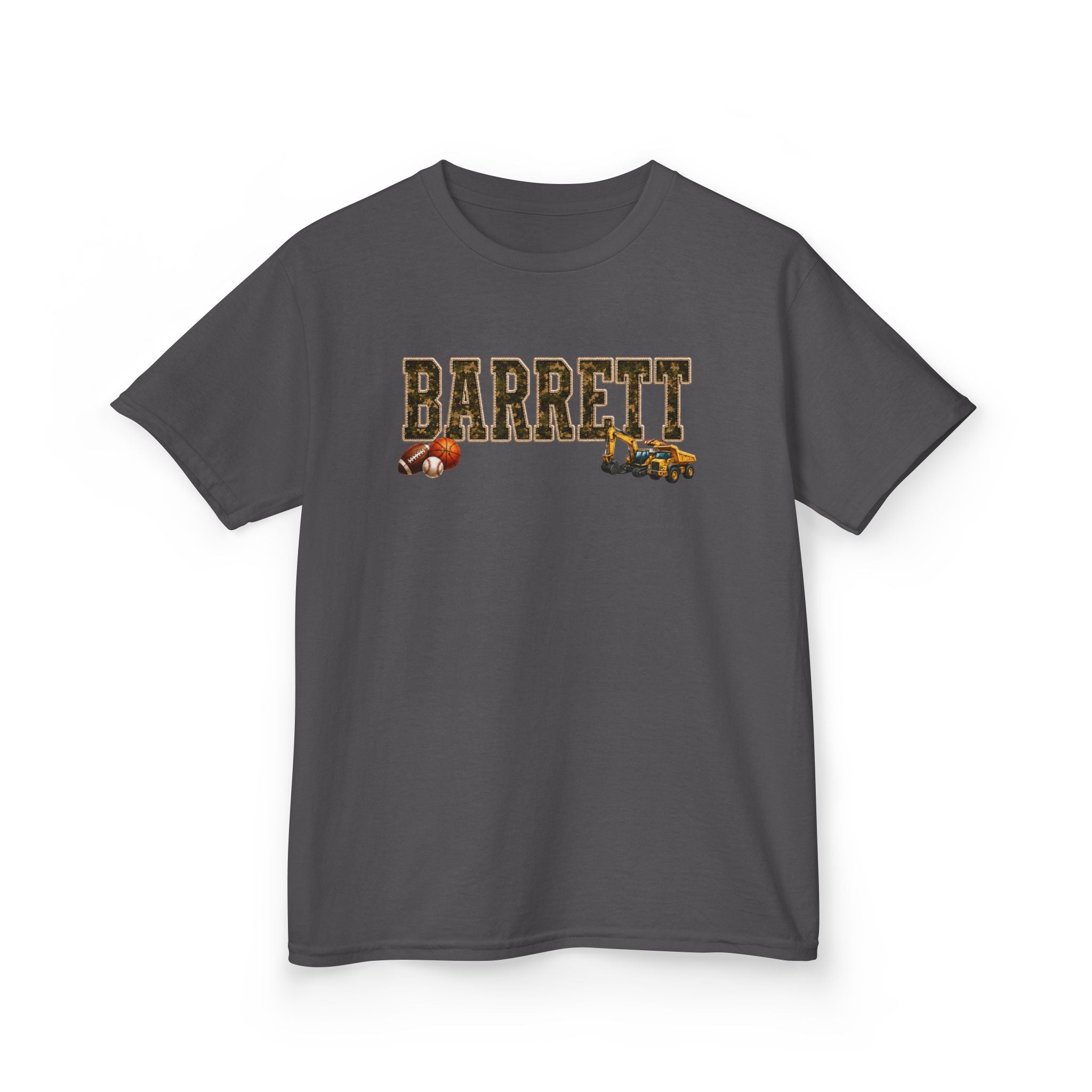 Barrett Kids Tee — Camo Name Shirt with Football & Truck Graphics