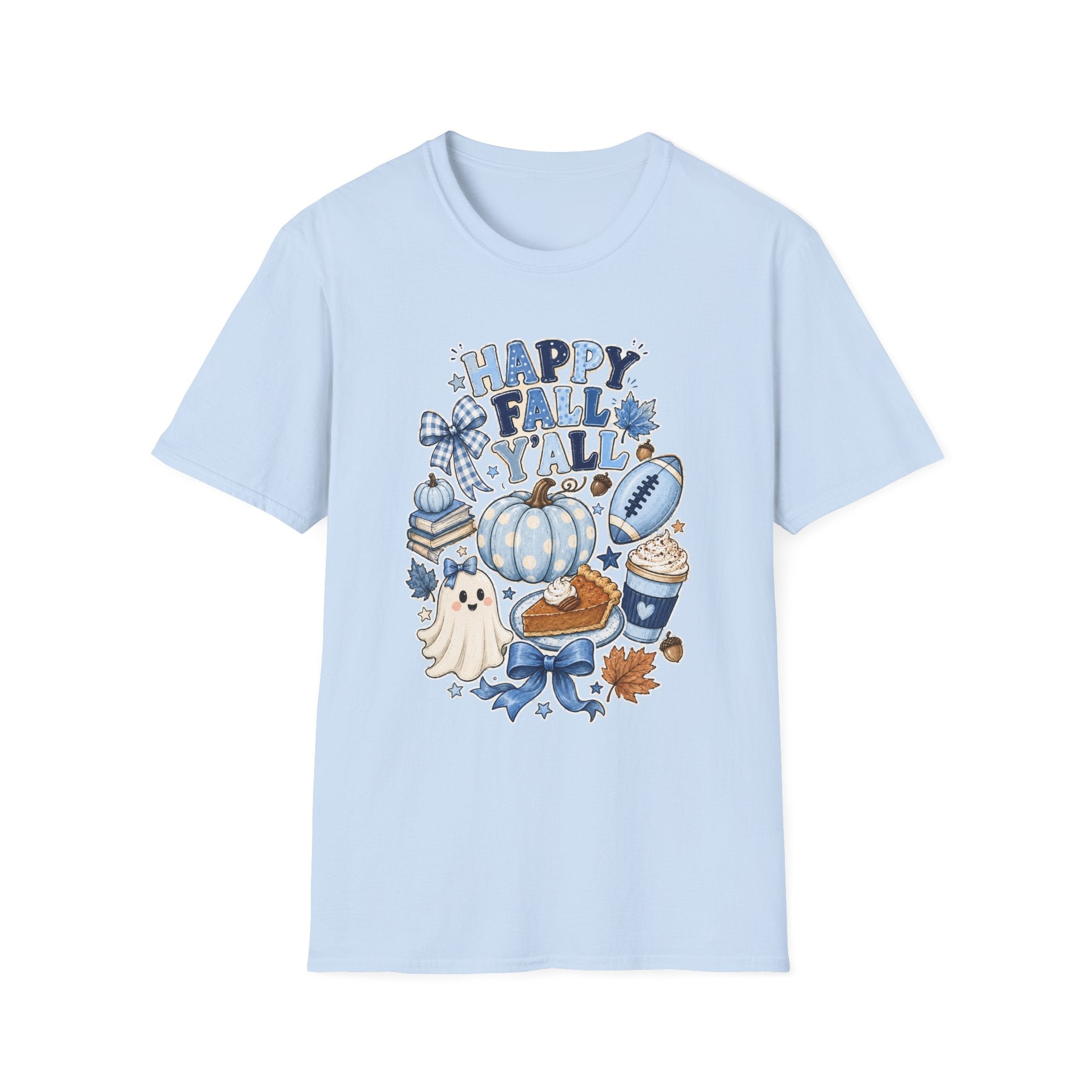 Happy Fall Y'all T-Shirt — Blue Pumpkin & Football Autumn Tee