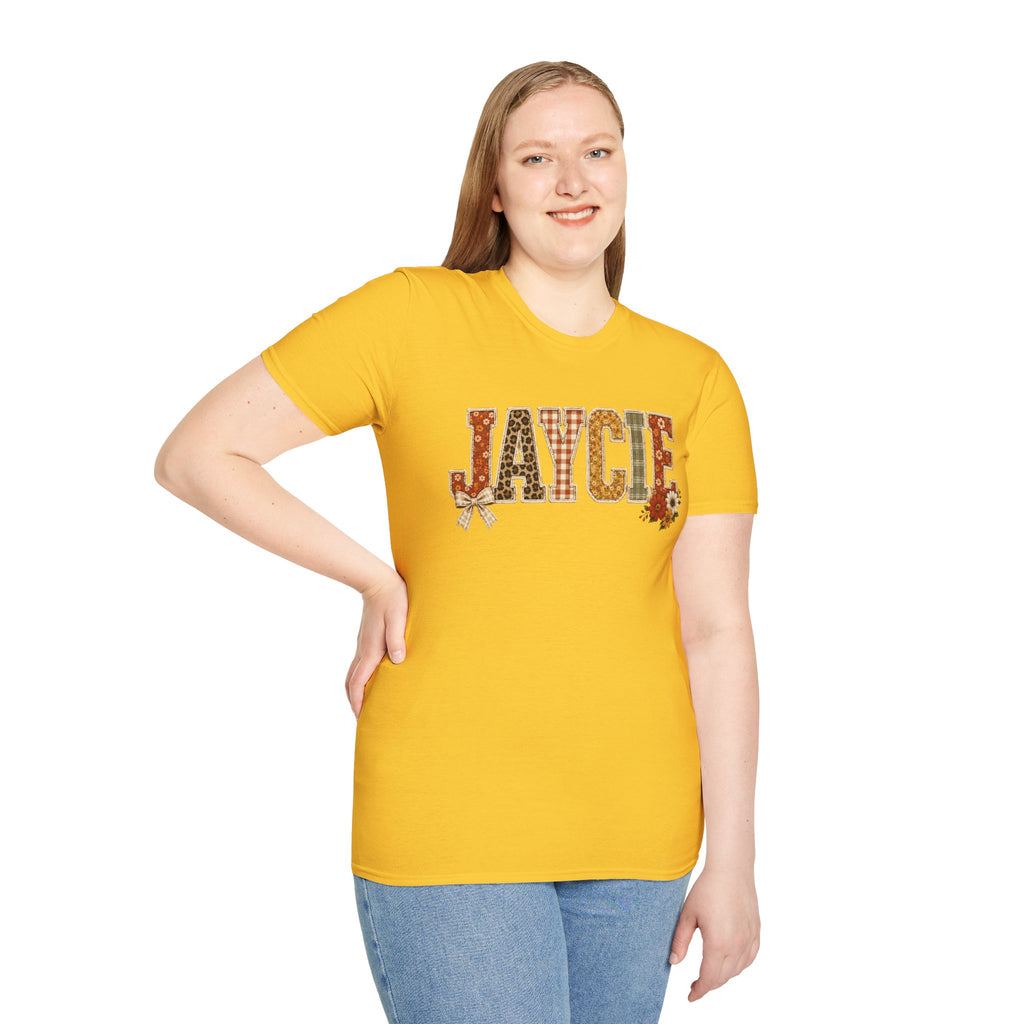 Personalized 'JAYCIE' Floral Plaid Name T-Shirt — Fall Patchwork Monogram Tee