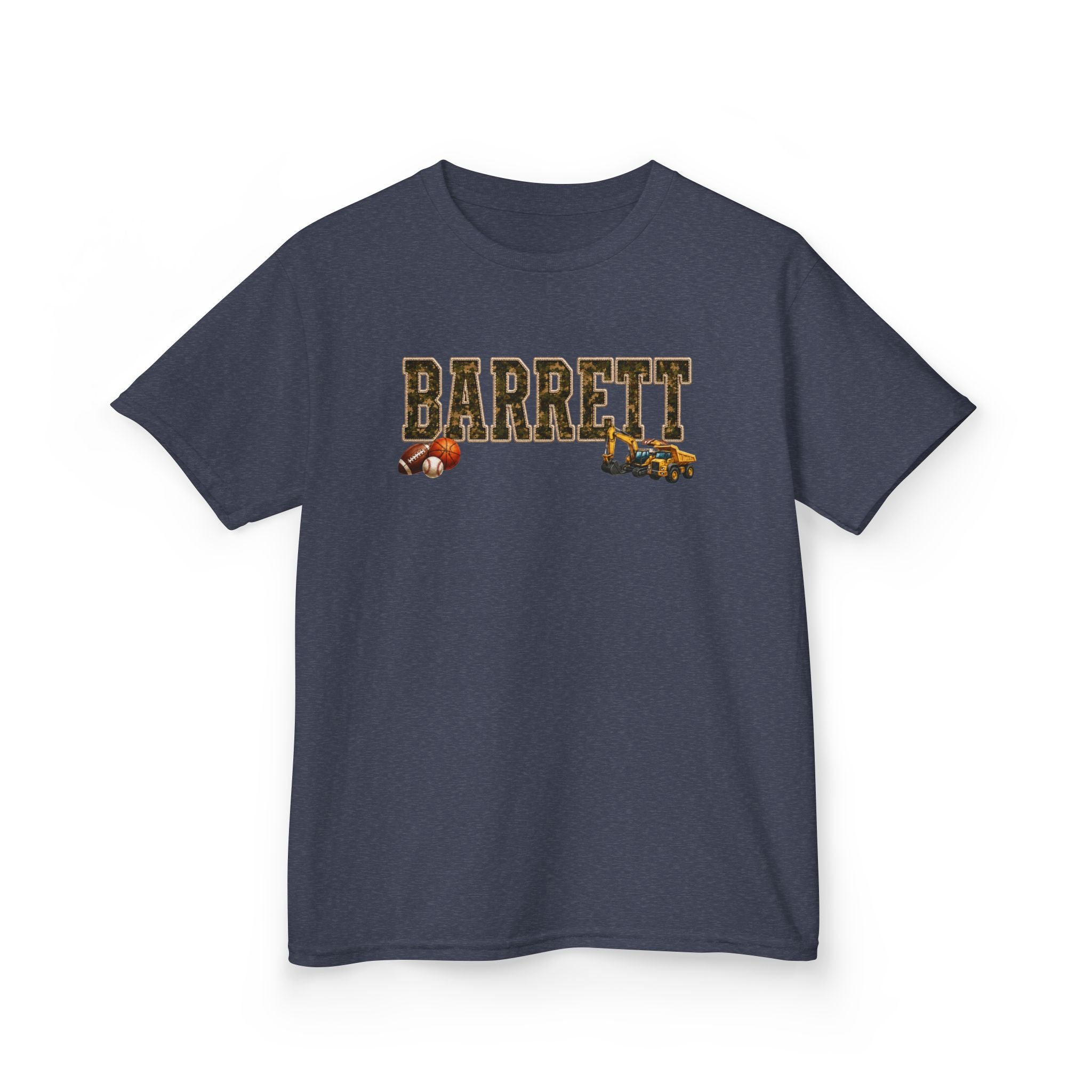 Barrett Kids Tee — Camo Name Shirt with Football & Truck Graphics