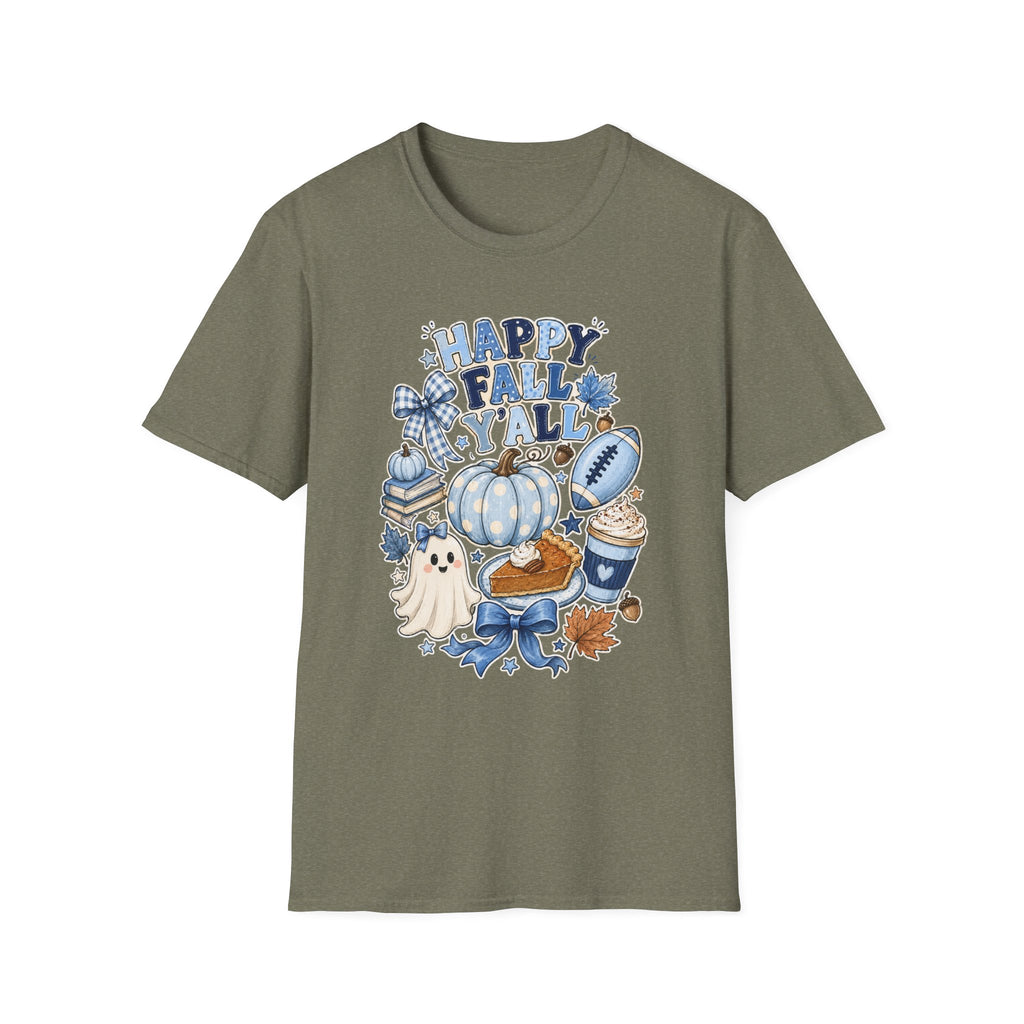Happy Fall Y'all T-Shirt — Blue Pumpkin & Football Autumn Tee