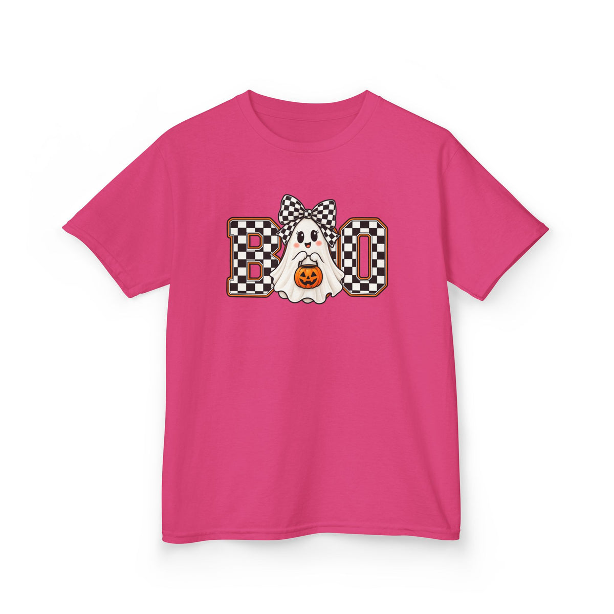 Kids Halloween 'Boo' Ghost Tee — Checker Bow Ghost Holding Pumpkin