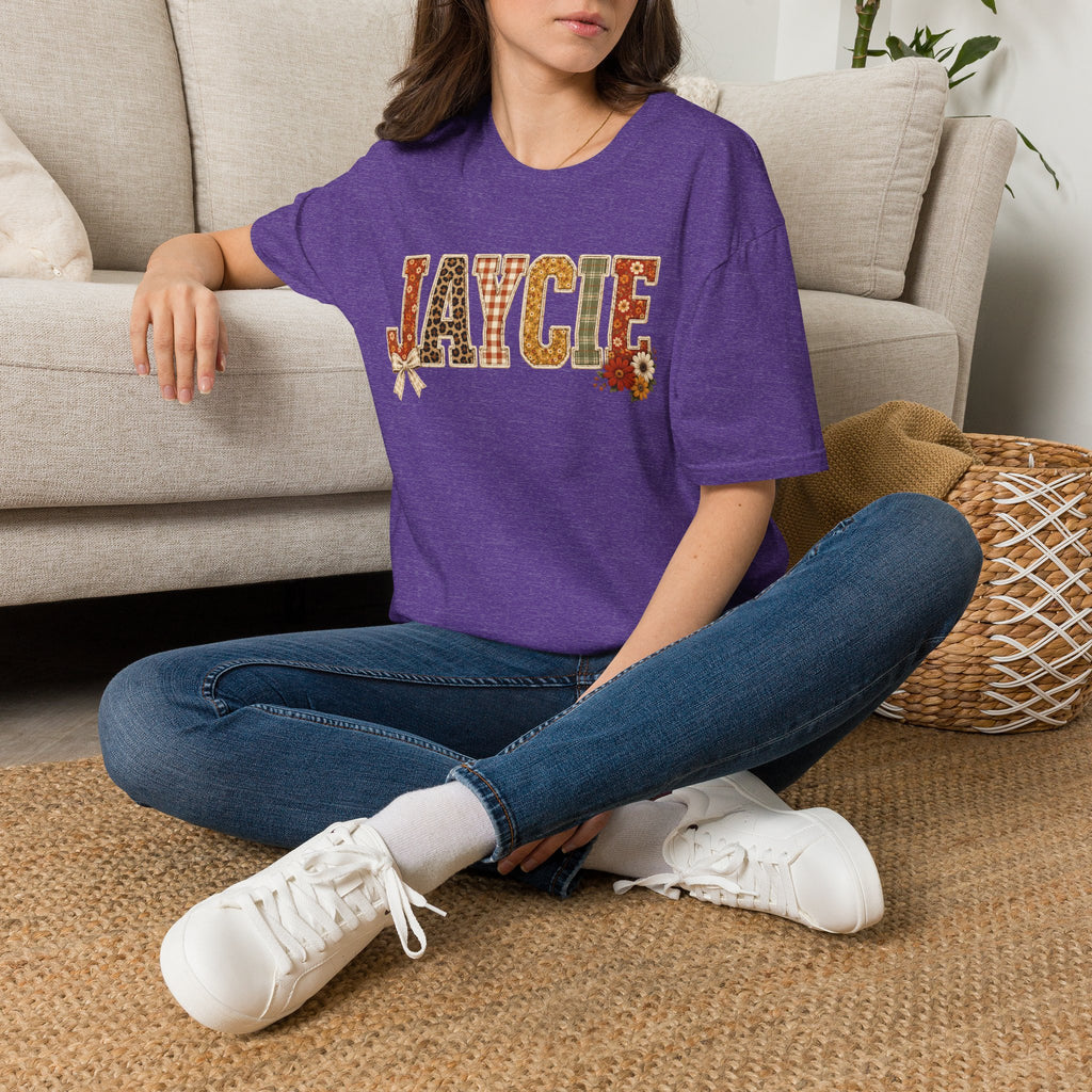 Personalized 'JAYCIE' Floral Plaid Name T-Shirt — Fall Patchwork Monogram Tee