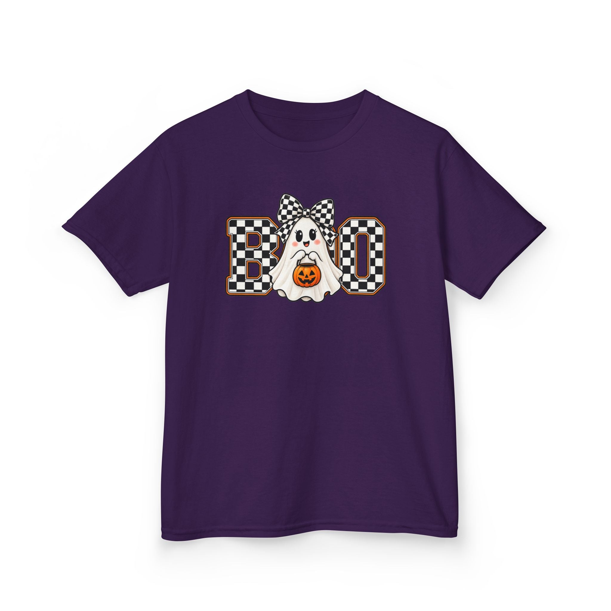 Kids Halloween 'Boo' Ghost Tee — Checker Bow Ghost Holding Pumpkin