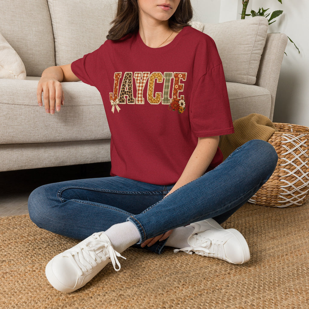 Personalized 'JAYCIE' Floral Plaid Name T-Shirt — Fall Patchwork Monogram Tee