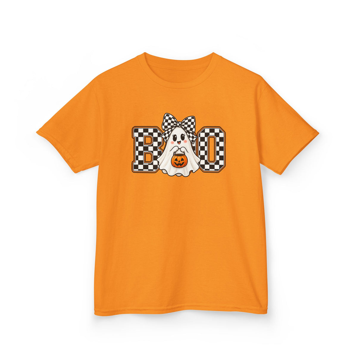 Kids Halloween 'Boo' Ghost Tee — Checker Bow Ghost Holding Pumpkin