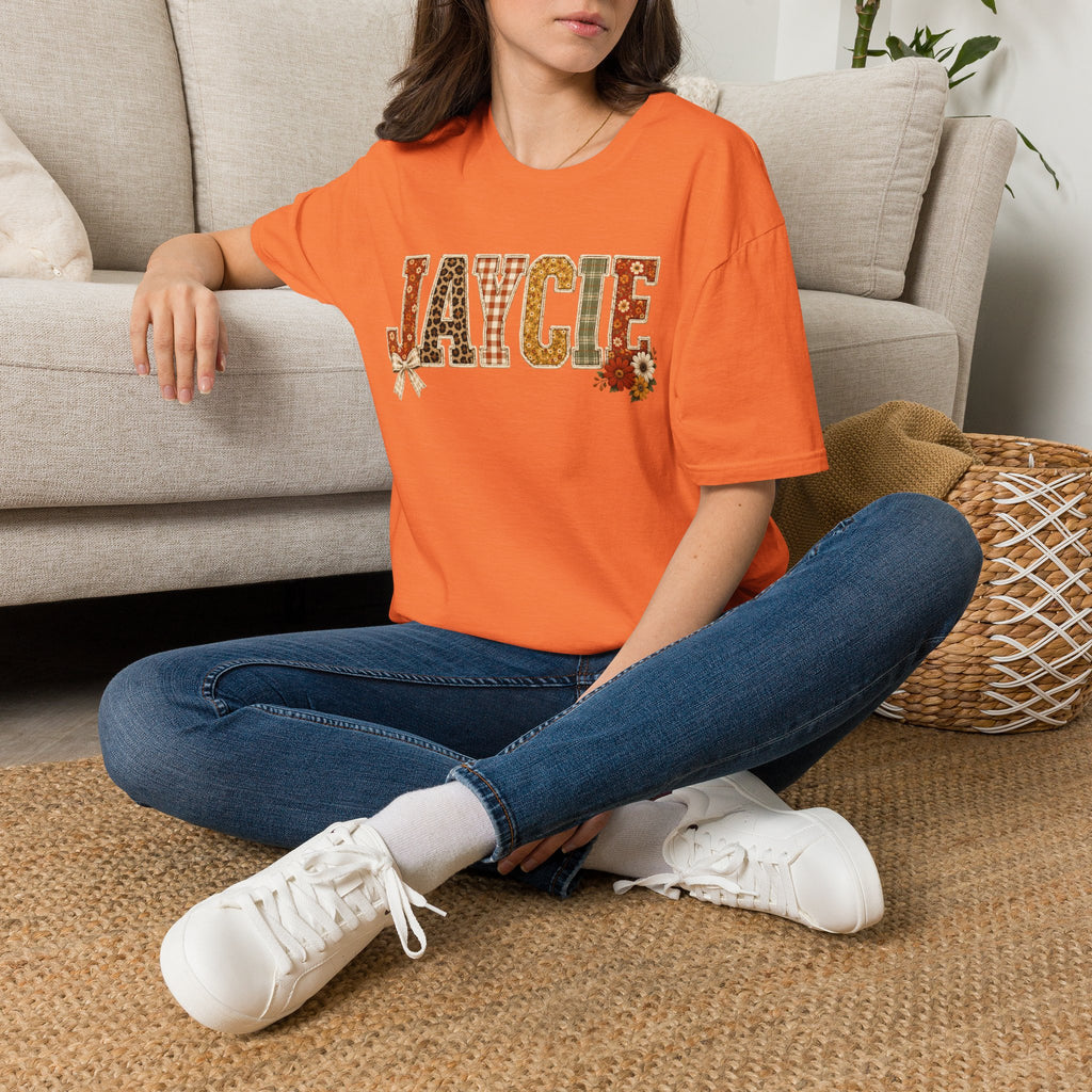 Personalized 'JAYCIE' Floral Plaid Name T-Shirt — Fall Patchwork Monogram Tee