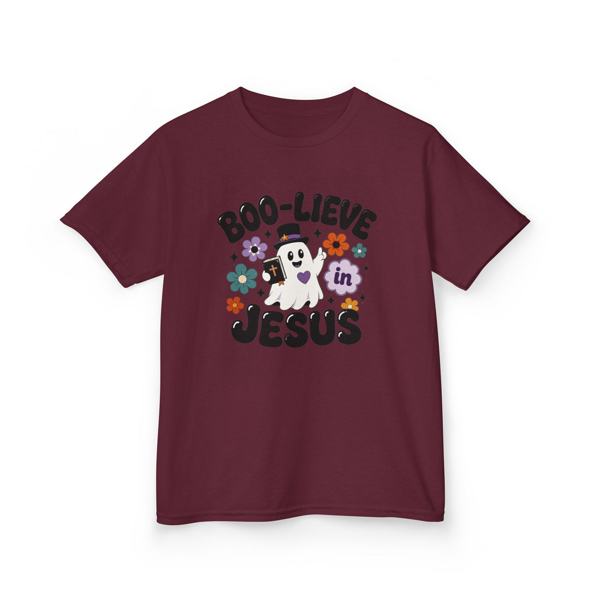 Kids Tee — "Boo-lieve in Jesus" Cute Halloween Ghost Christian Shirt