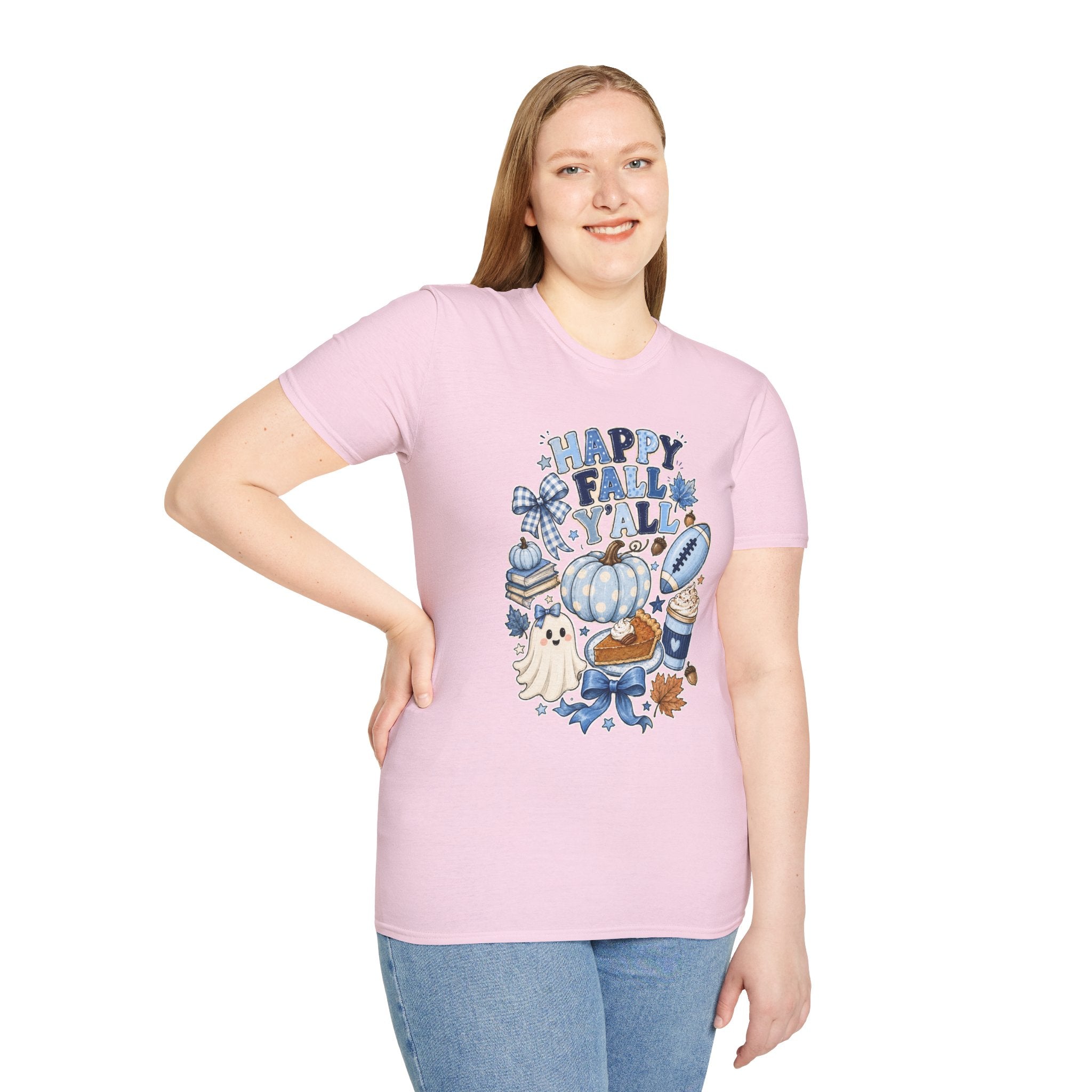 Happy Fall Y'all T-Shirt — Blue Pumpkin & Football Autumn Tee