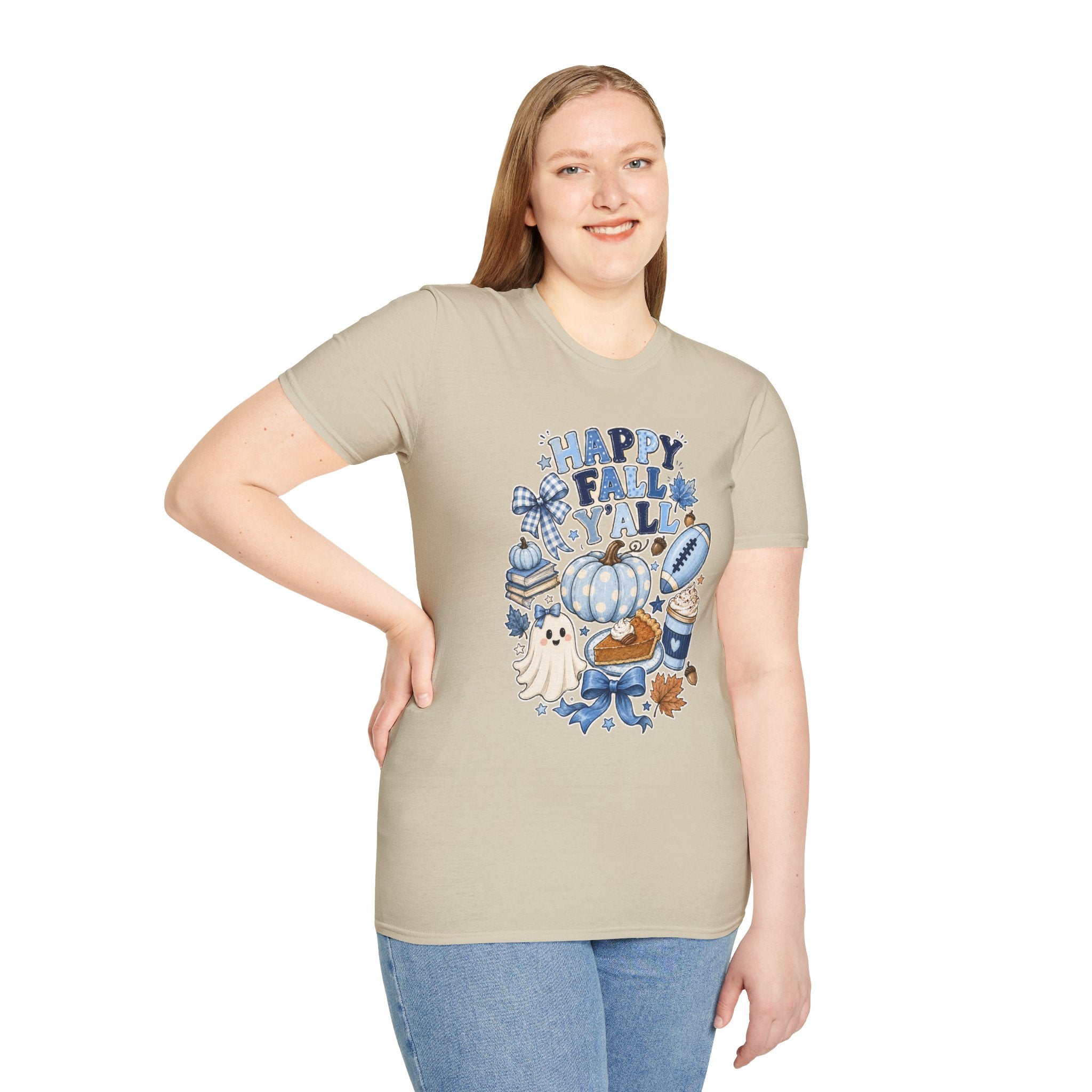 Happy Fall Y'all T-Shirt — Blue Pumpkin & Football Autumn Tee