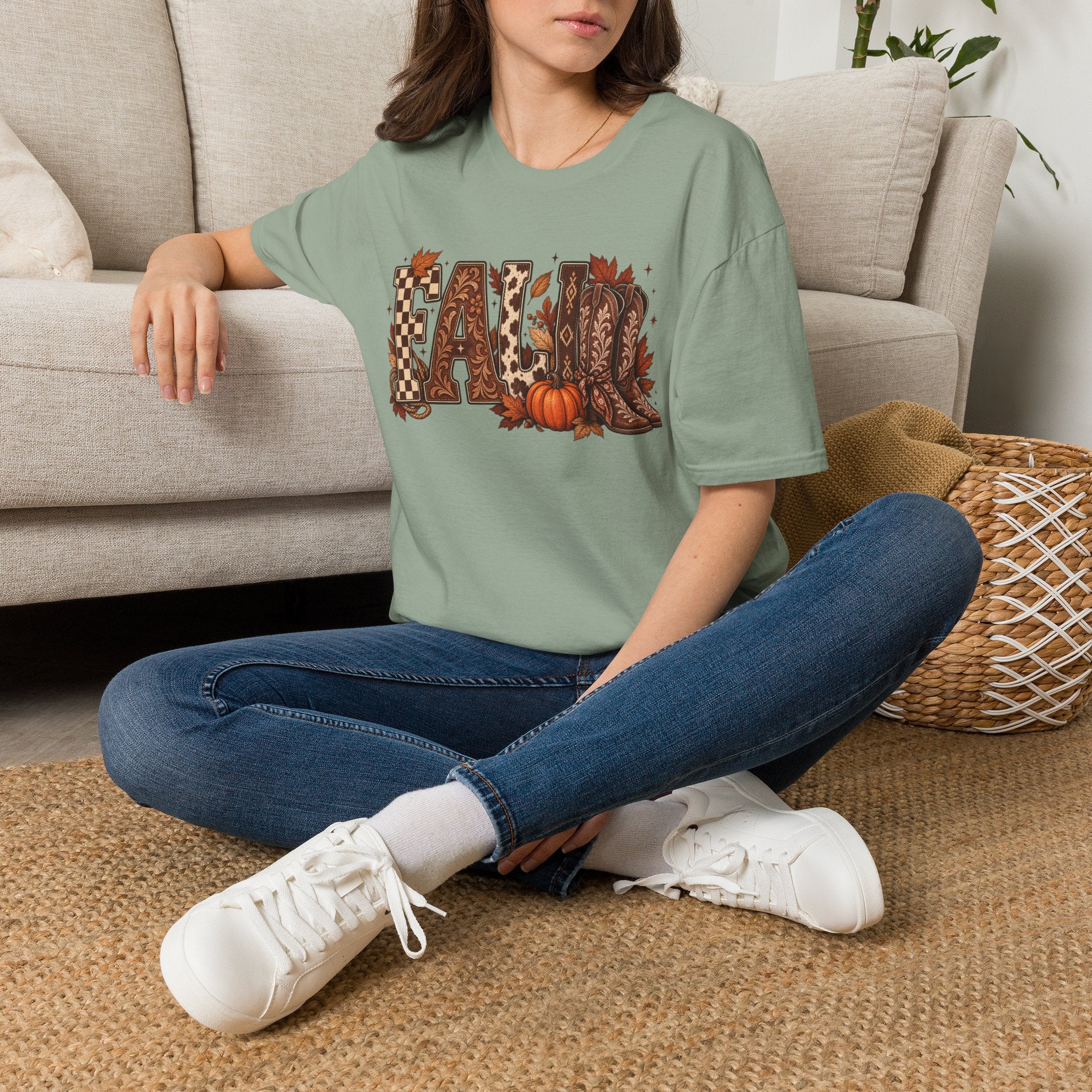 Fall Graphic T-Shirt — Pumpkin & Cowgirl Boots Autumn Tee