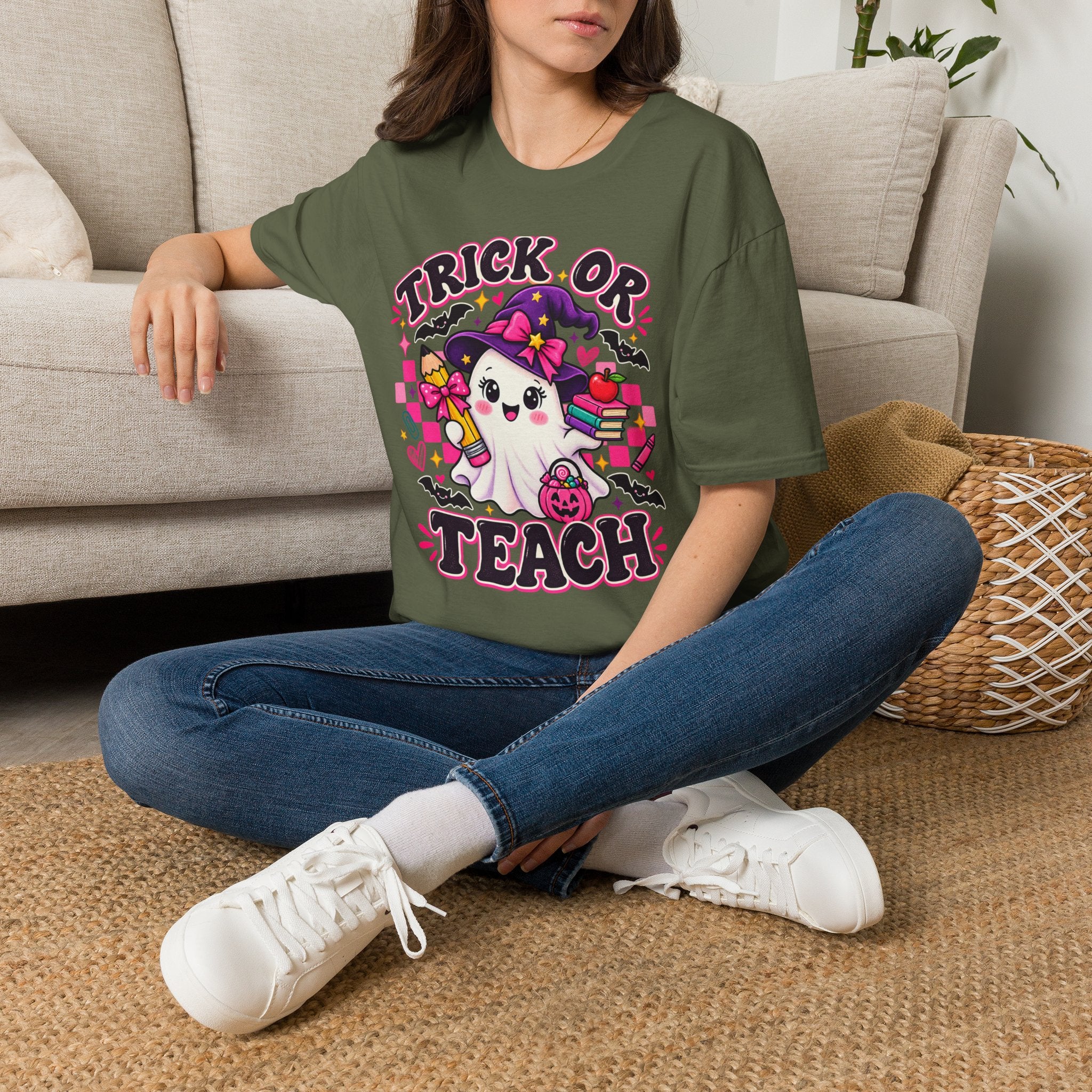 Trick or Teach T-Shirt — Cute Witch Ghost Teacher Halloween Tee