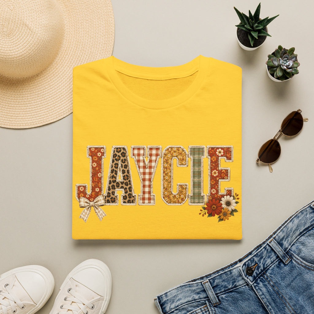 Personalized 'JAYCIE' Floral Plaid Name T-Shirt — Fall Patchwork Monogram Tee
