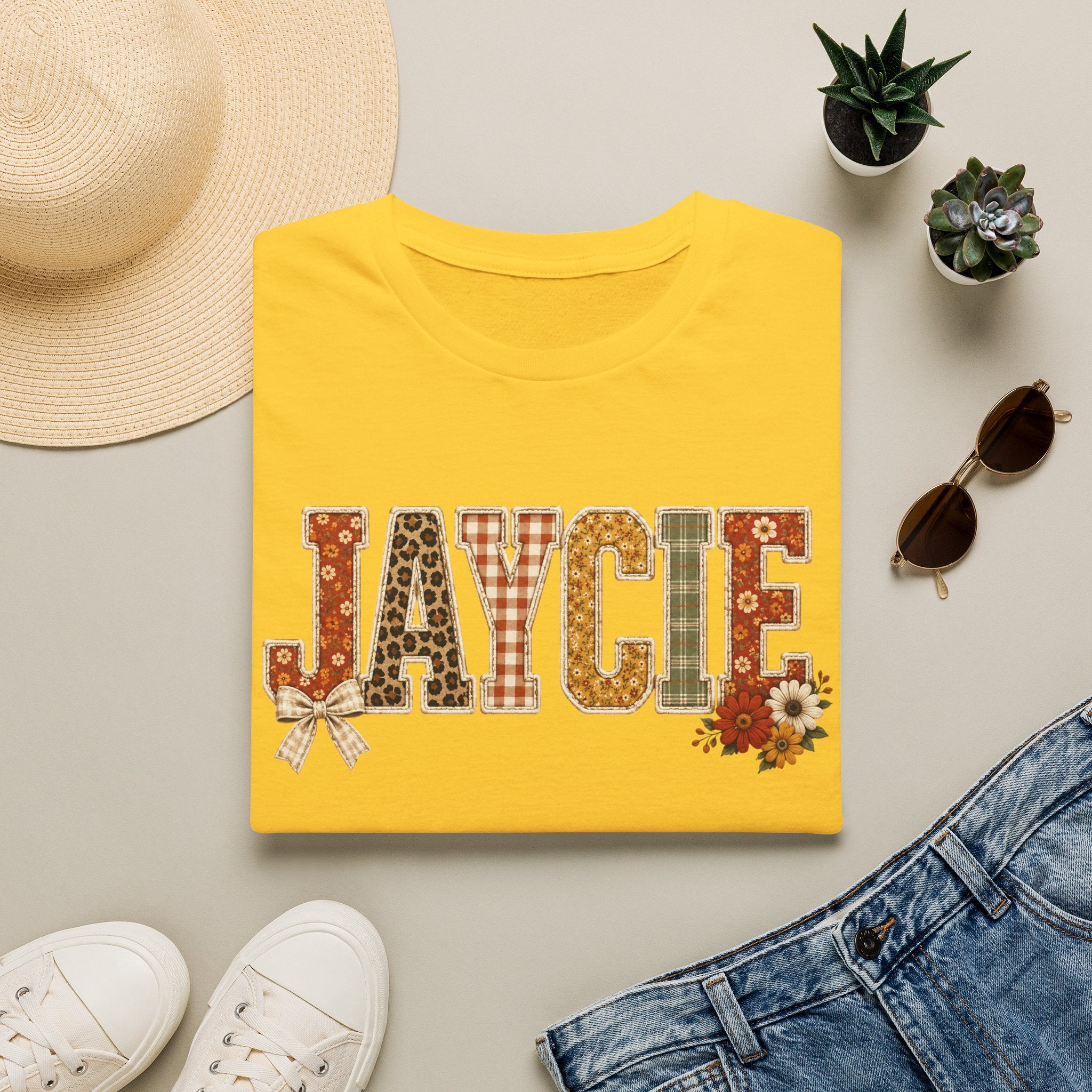 Personalized 'JAYCIE' Floral Plaid Name T-Shirt — Fall Patchwork Monogram Tee