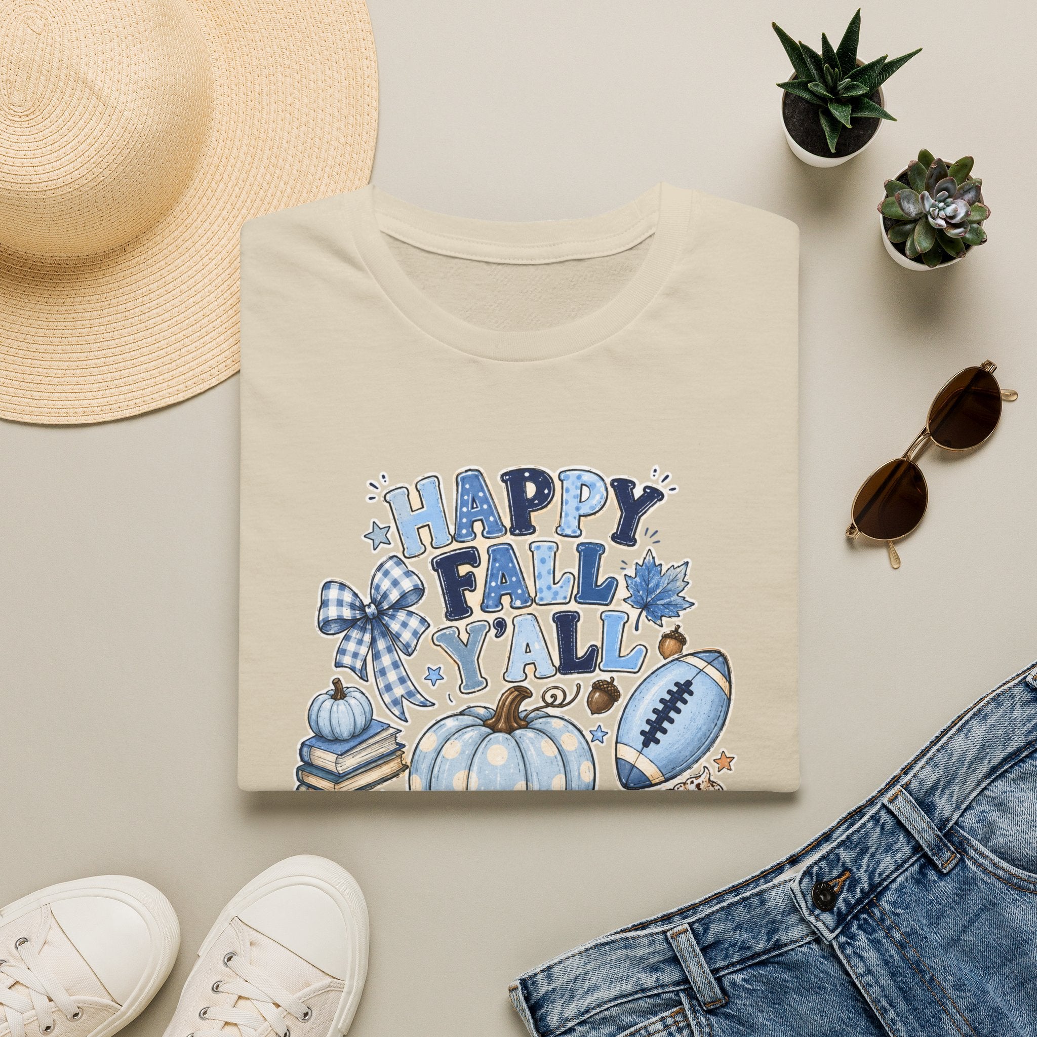 Happy Fall Y'all T-Shirt — Blue Pumpkin & Football Autumn Tee