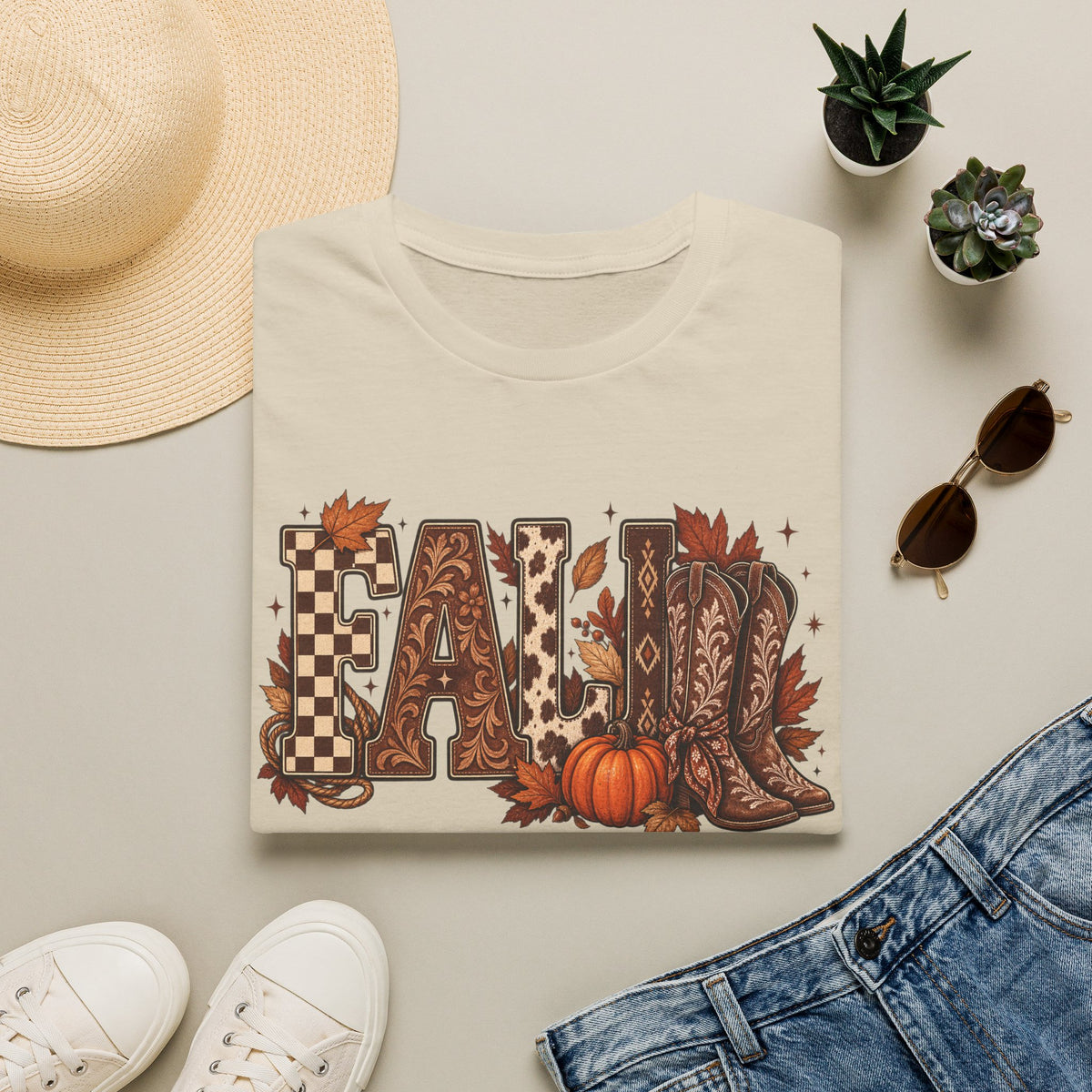 Fall Graphic T-Shirt — Pumpkin & Cowgirl Boots Autumn Tee