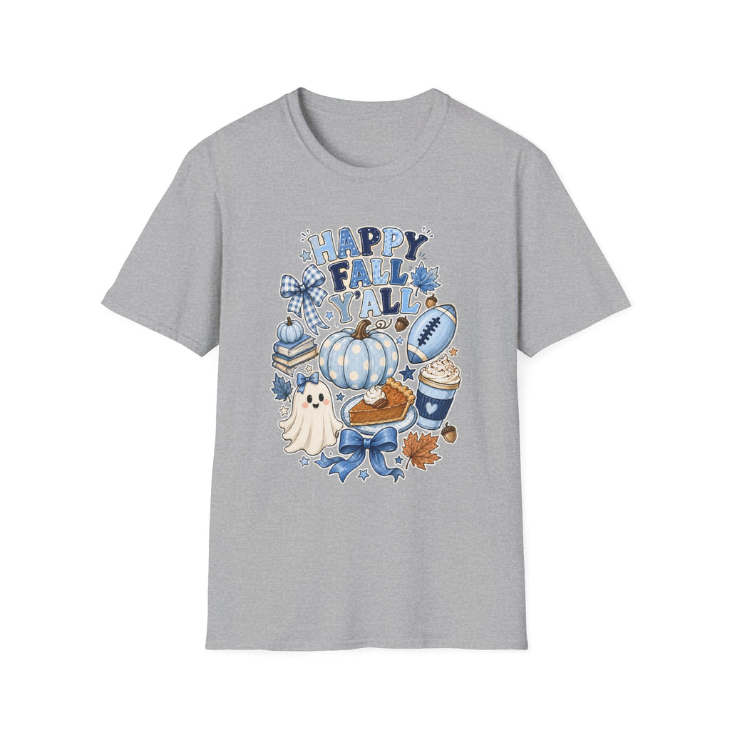 Happy Fall Y'all T-Shirt — Blue Pumpkin & Football Autumn Tee
