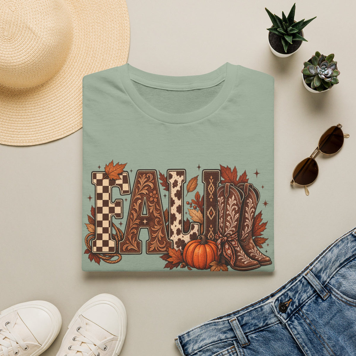 Fall Graphic T-Shirt — Pumpkin & Cowgirl Boots Autumn Tee