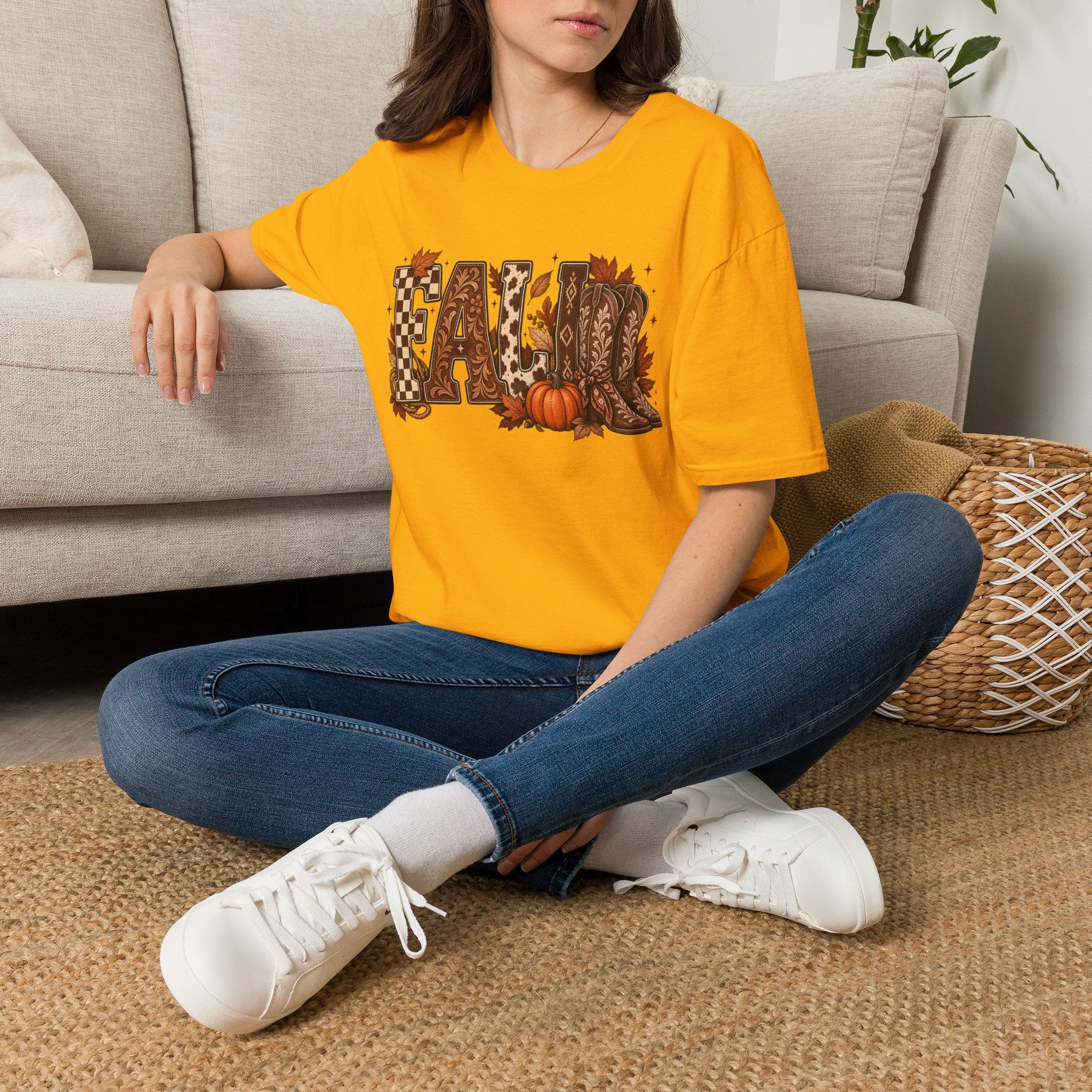 Fall Graphic T-Shirt — Pumpkin & Cowgirl Boots Autumn Tee