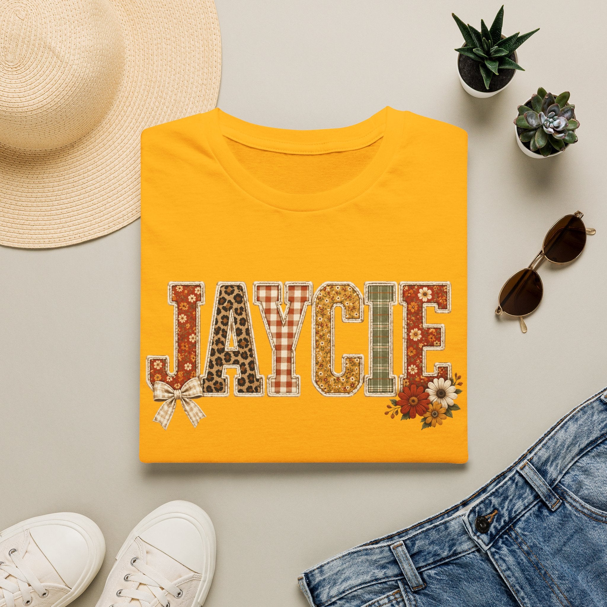Personalized 'JAYCIE' Floral Plaid Name T-Shirt — Fall Patchwork Monogram Tee