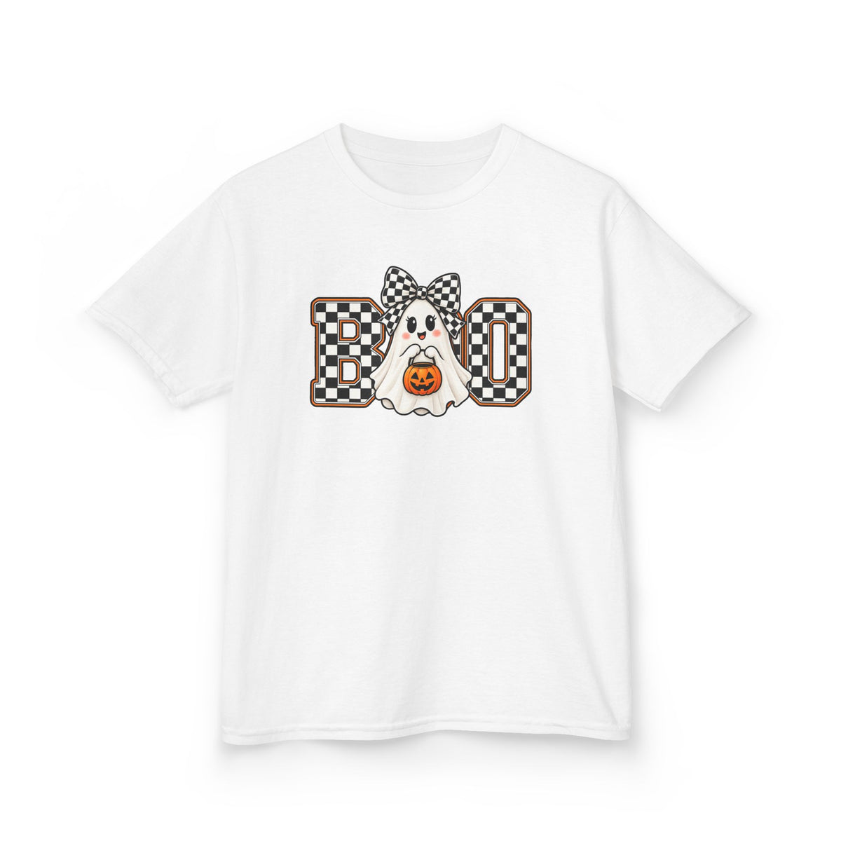 Kids Halloween 'Boo' Ghost Tee — Checker Bow Ghost Holding Pumpkin