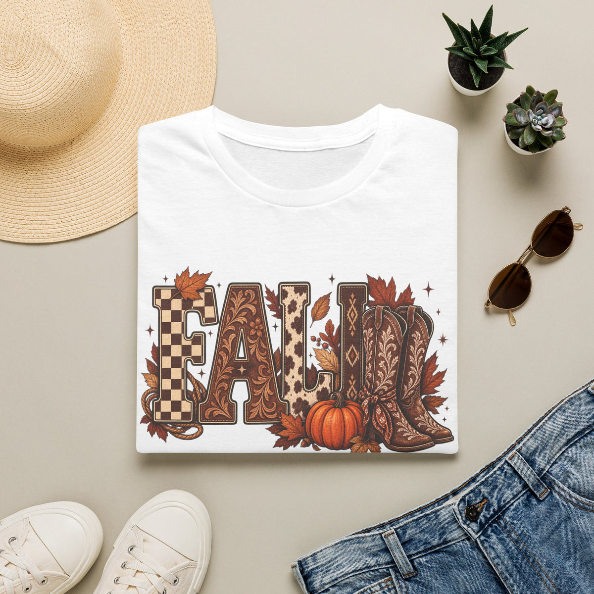 Fall Graphic T-Shirt — Pumpkin & Cowgirl Boots Autumn Tee