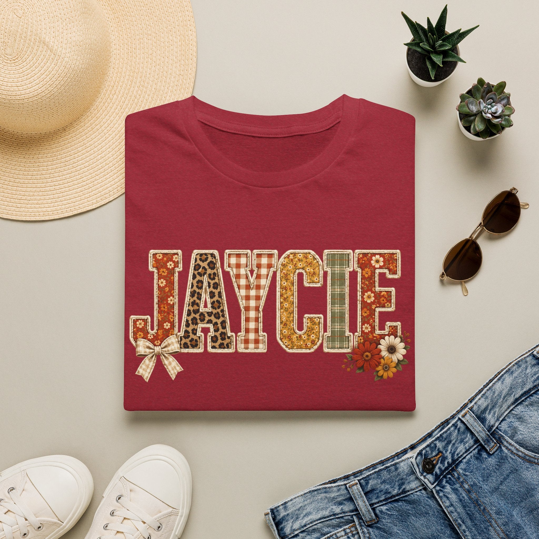 Personalized 'JAYCIE' Floral Plaid Name T-Shirt — Fall Patchwork Monogram Tee