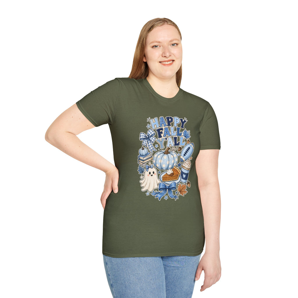 Happy Fall Y'all T-Shirt — Blue Pumpkin & Football Autumn Tee