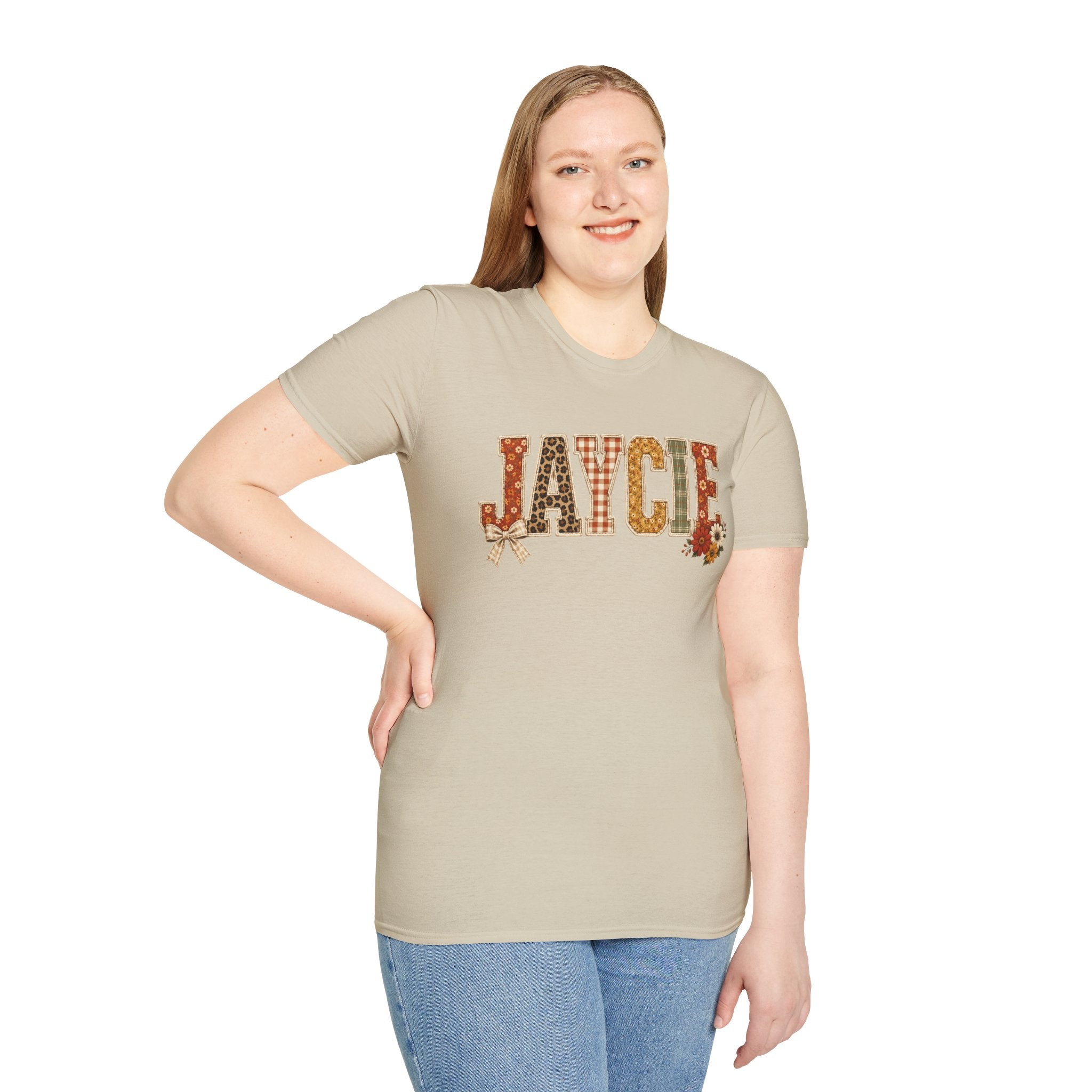 Personalized 'JAYCIE' Floral Plaid Name T-Shirt — Fall Patchwork Monogram Tee