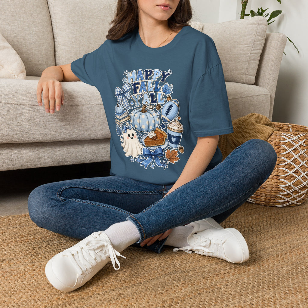 Happy Fall Y'all T-Shirt — Blue Pumpkin & Football Autumn Tee