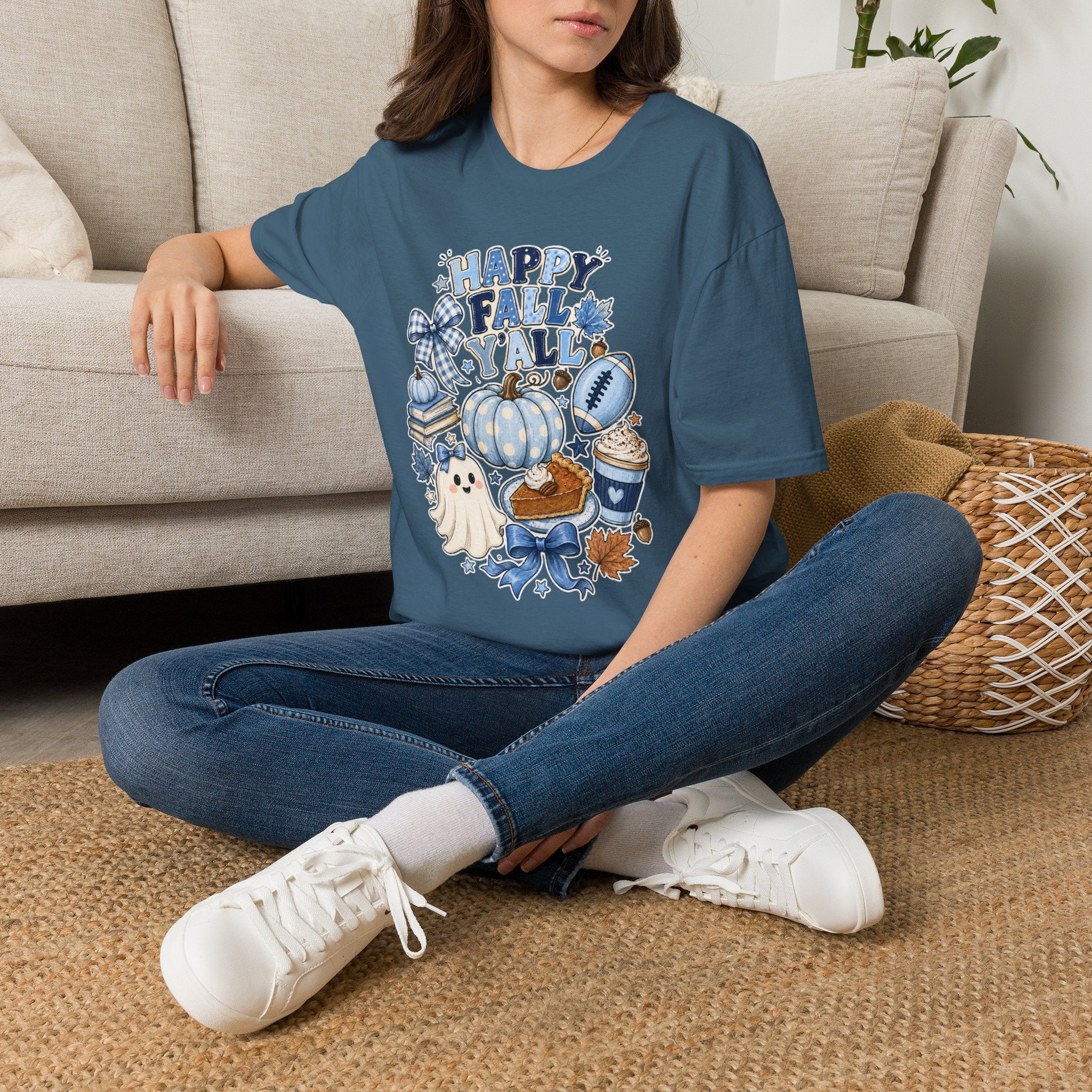 Happy Fall Y'all T-Shirt — Blue Pumpkin & Football Autumn Tee