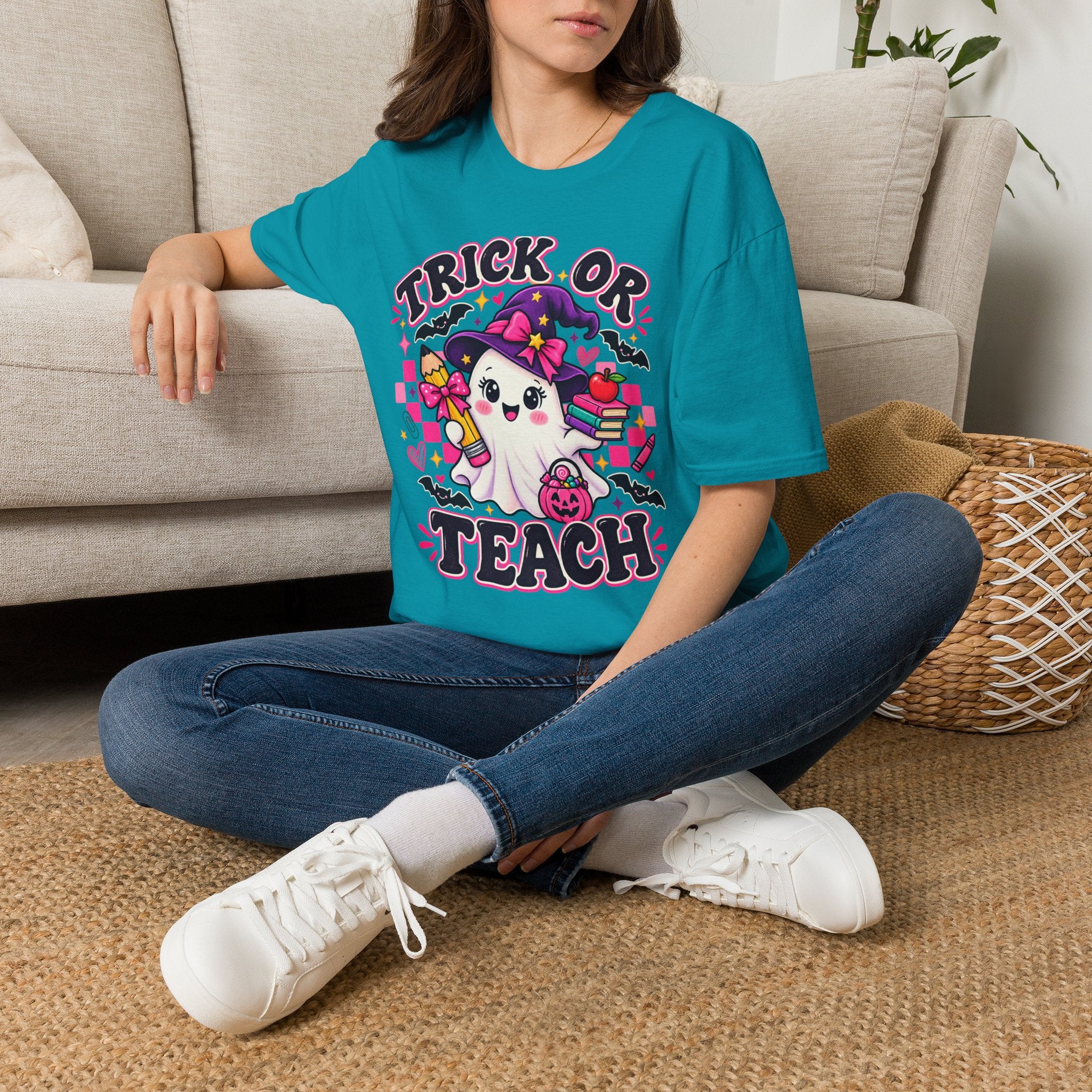 Trick or Teach T-Shirt — Cute Witch Ghost Teacher Halloween Tee