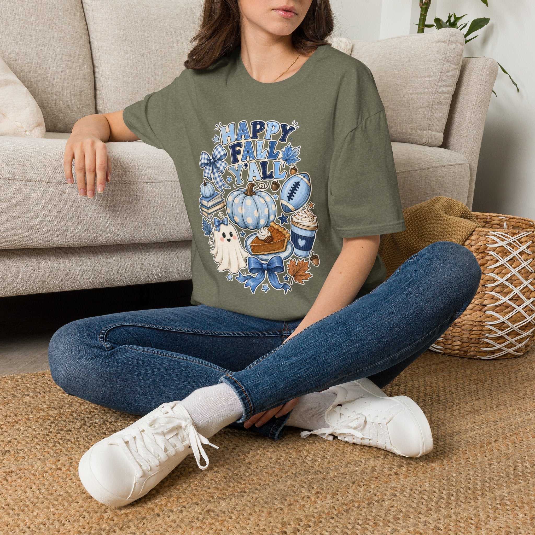 Happy Fall Y'all T-Shirt — Blue Pumpkin & Football Autumn Tee