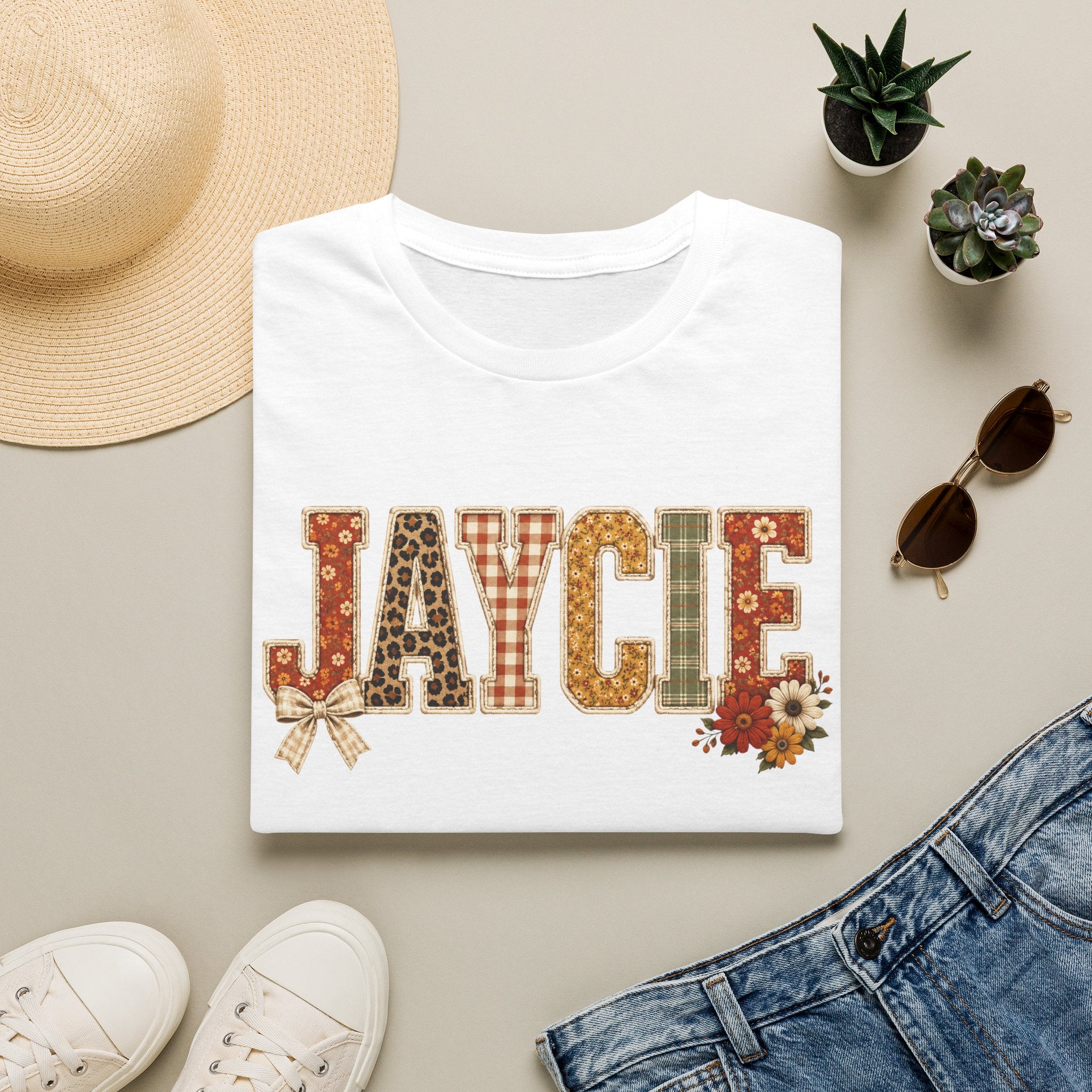 Personalized 'JAYCIE' Floral Plaid Name T-Shirt — Fall Patchwork Monogram Tee