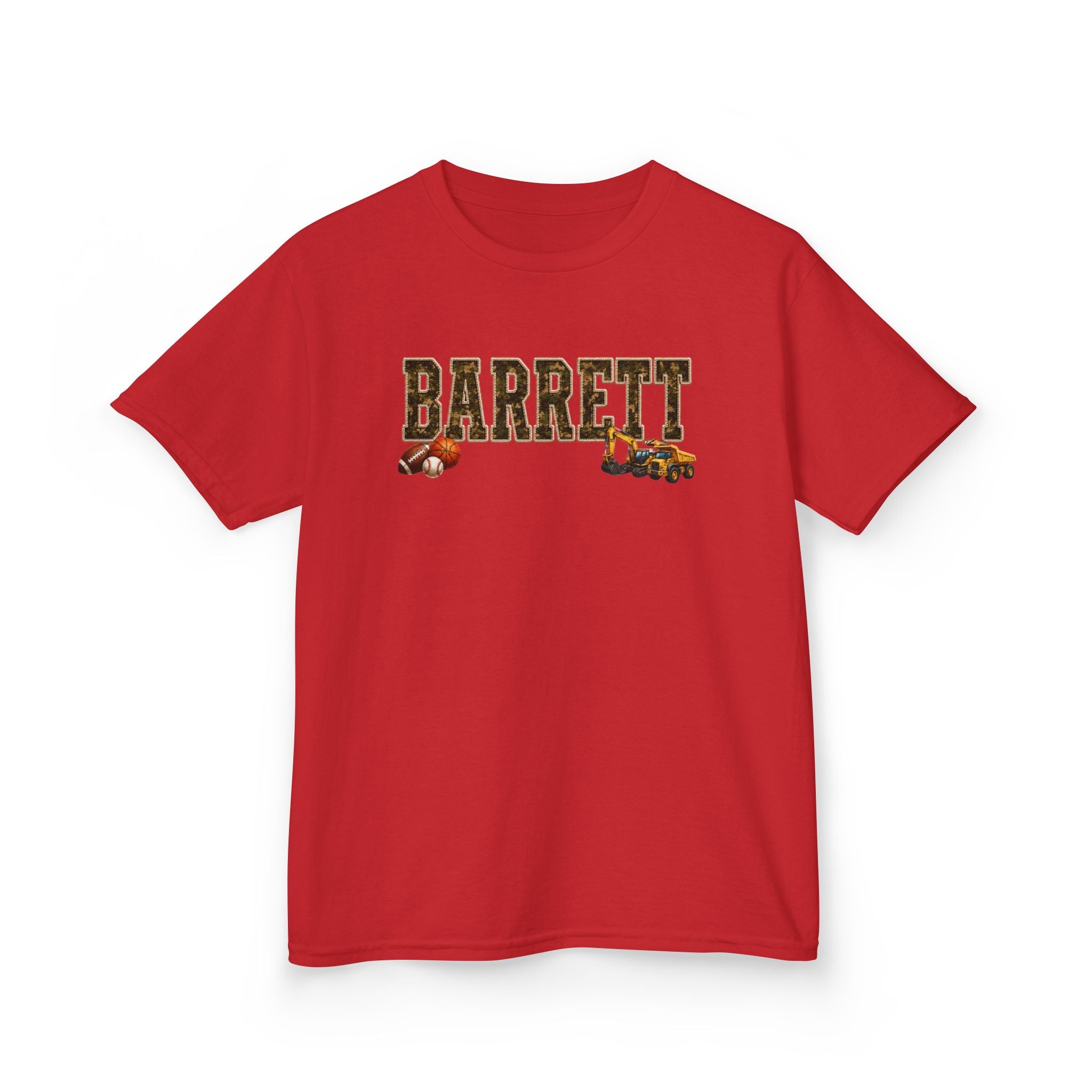 Barrett Kids Tee — Camo Name Shirt with Football & Truck Graphics