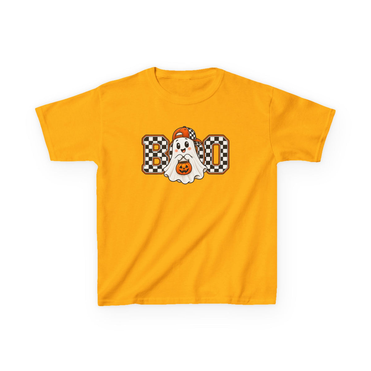 Kids (hat) Halloween 'Boo' Ghost T-Shirt — Checkered Pumpkin Costume Tee