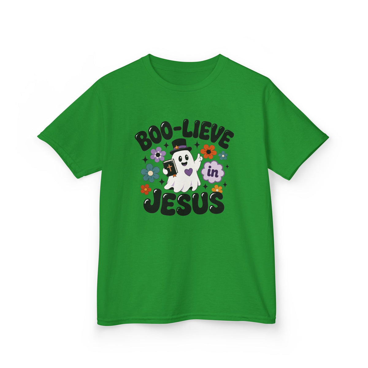 Kids Tee — "Boo-lieve in Jesus" Cute Halloween Ghost Christian Shirt