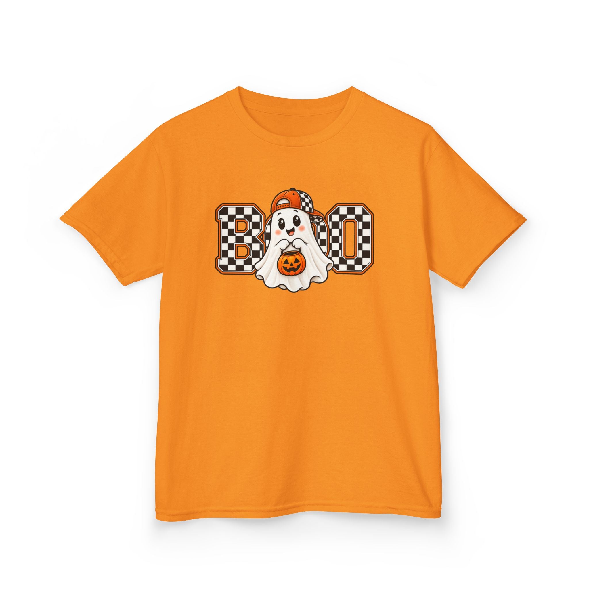 Kids (hat) Halloween 'Boo' Ghost T-Shirt — Checkered Pumpkin Costume Tee