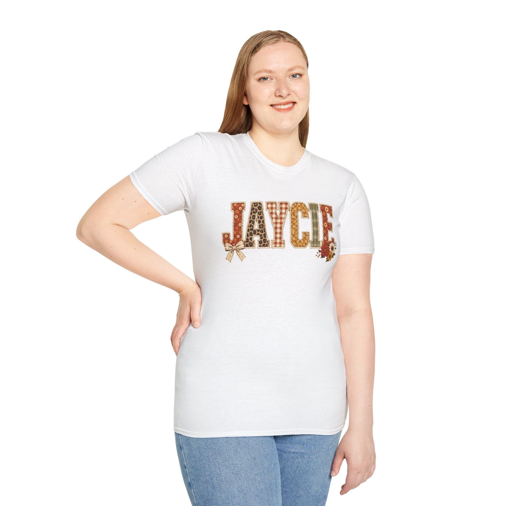 Personalized 'JAYCIE' Floral Plaid Name T-Shirt — Fall Patchwork Monogram Tee