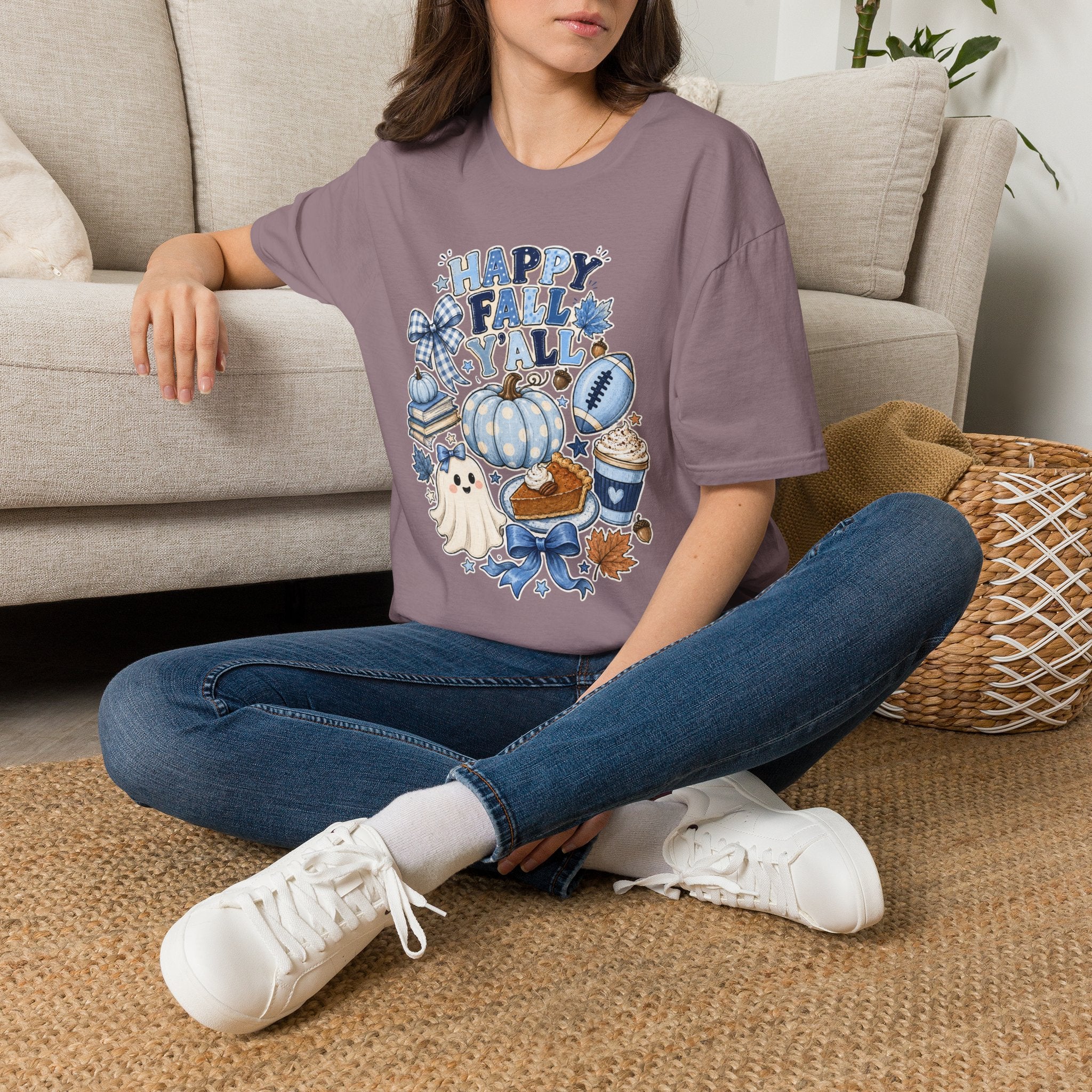 Happy Fall Y'all T-Shirt — Blue Pumpkin & Football Autumn Tee