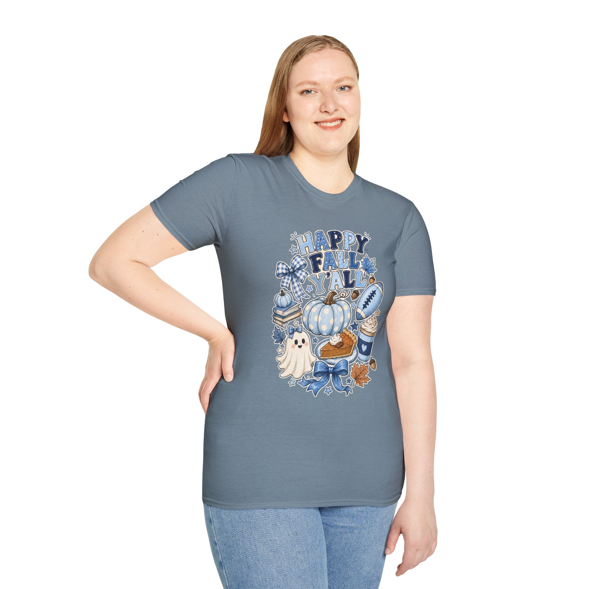 Happy Fall Y'all T-Shirt — Blue Pumpkin & Football Autumn Tee