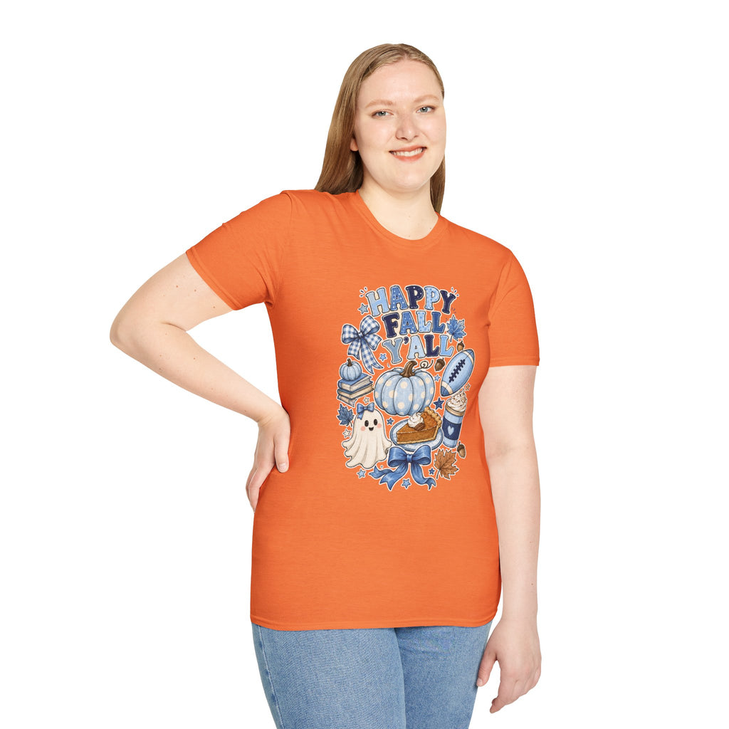 Happy Fall Y'all T-Shirt — Blue Pumpkin & Football Autumn Tee