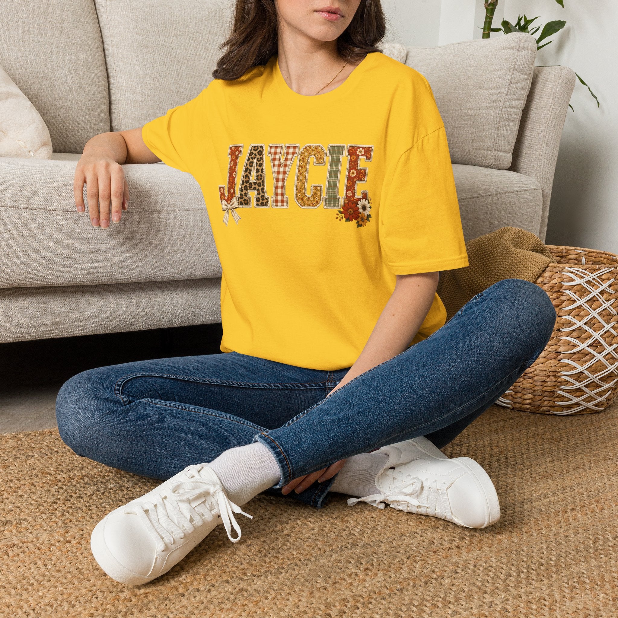 Personalized 'JAYCIE' Floral Plaid Name T-Shirt — Fall Patchwork Monogram Tee