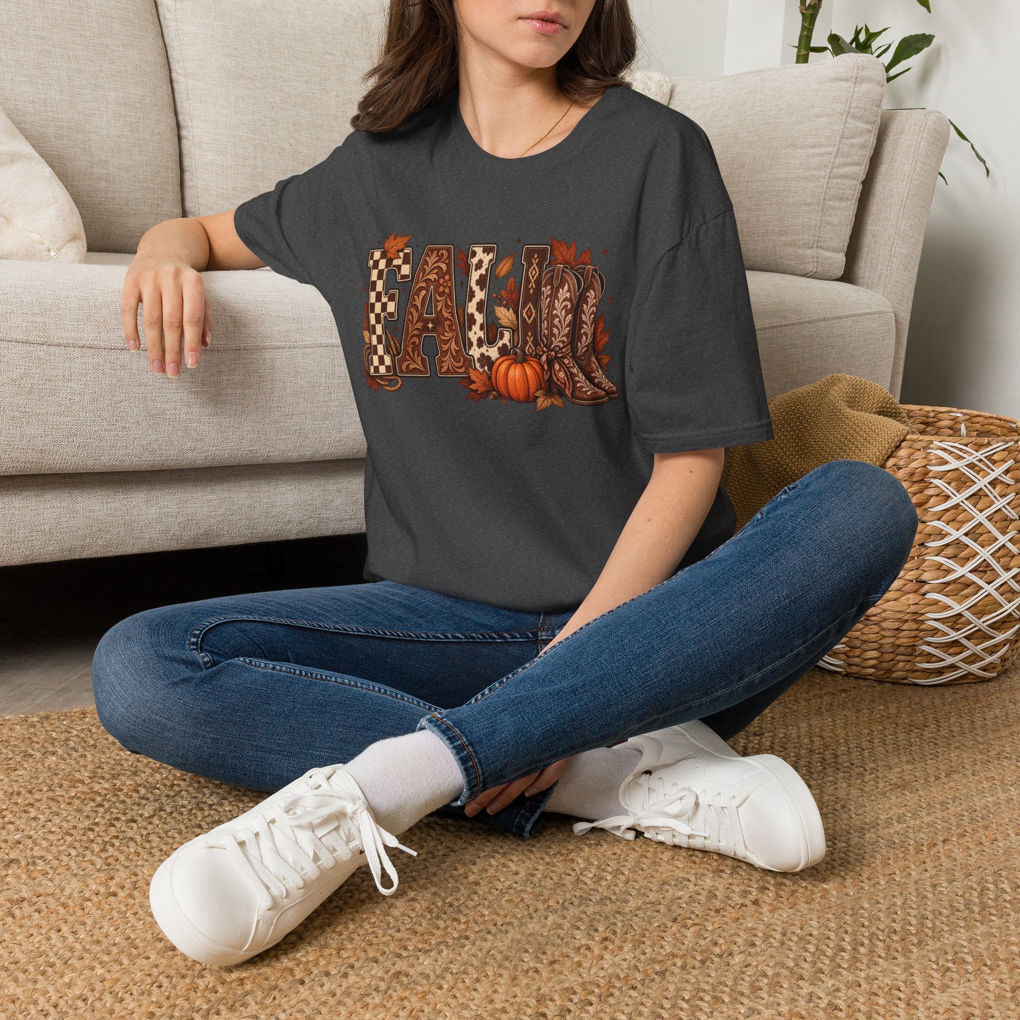 Fall Graphic T-Shirt — Pumpkin & Cowgirl Boots Autumn Tee