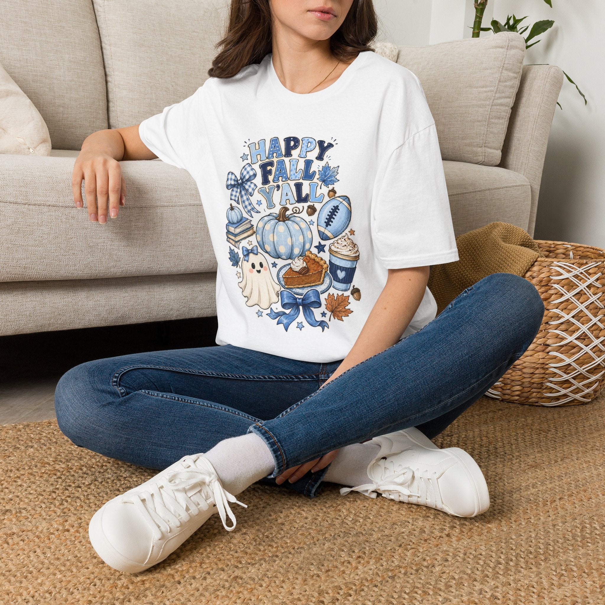 Happy Fall Y'all T-Shirt — Blue Pumpkin & Football Autumn Tee