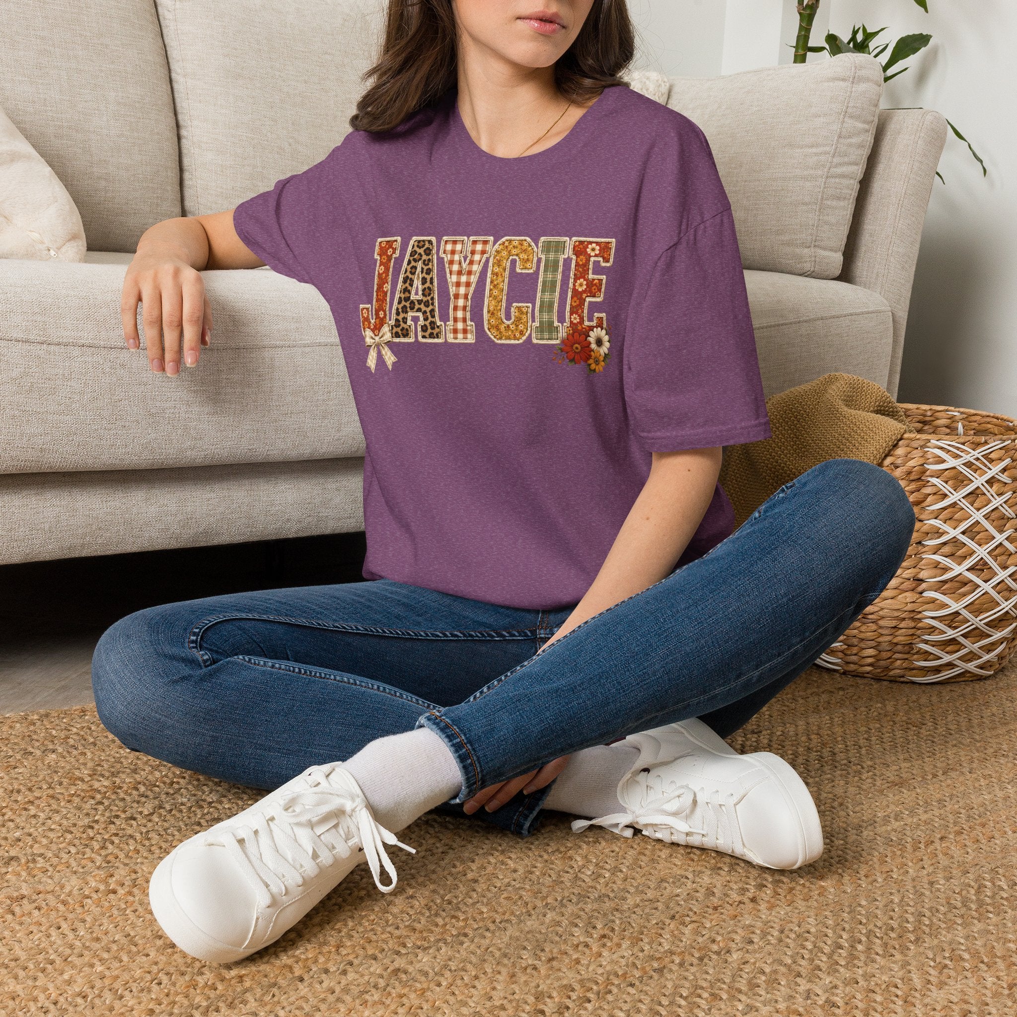 Personalized 'JAYCIE' Floral Plaid Name T-Shirt — Fall Patchwork Monogram Tee