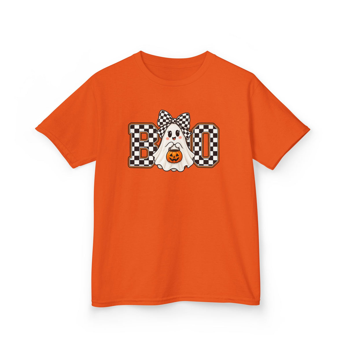 Kids Halloween 'Boo' Ghost Tee — Checker Bow Ghost Holding Pumpkin